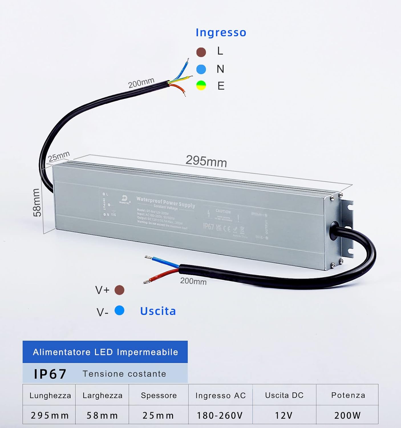 Dusktec Trasformatore LED 12V 200W 16.7A IP67 - immagine 5