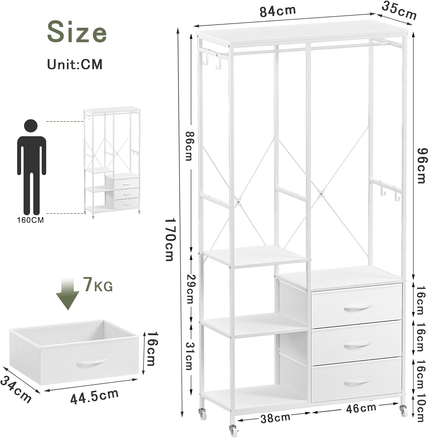 Appendiabiti con Cassetti e Ripiani Regolabili, Bianco - immagine 3