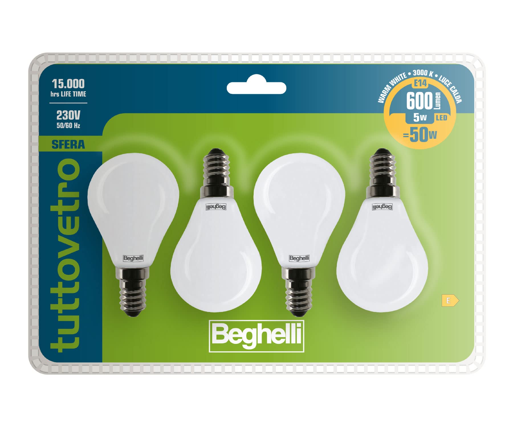 Beghelli Lampadina LED E14 TUTTOVETRO Sfera 5W (4 pz)