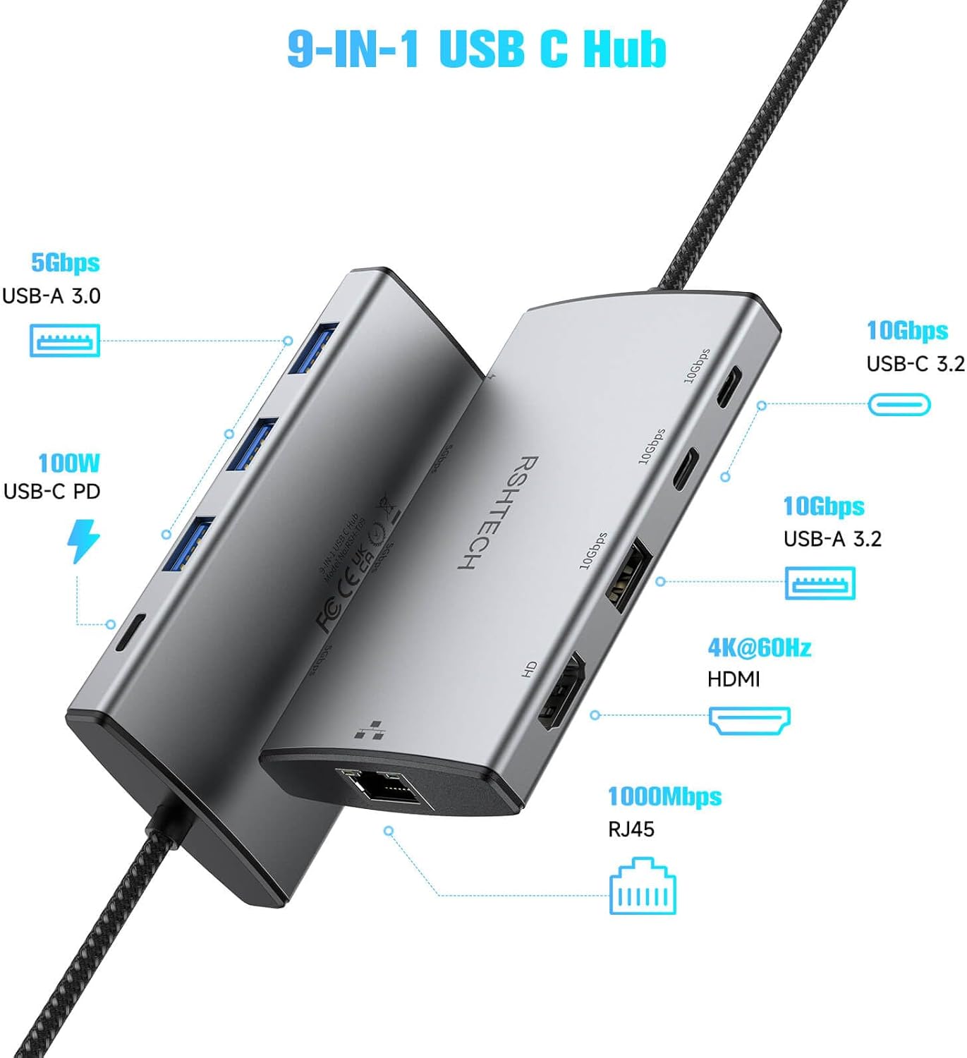 Rshtech Hub USB-C 10Gbps 9 in 1, RSH-T09 - immagine 2