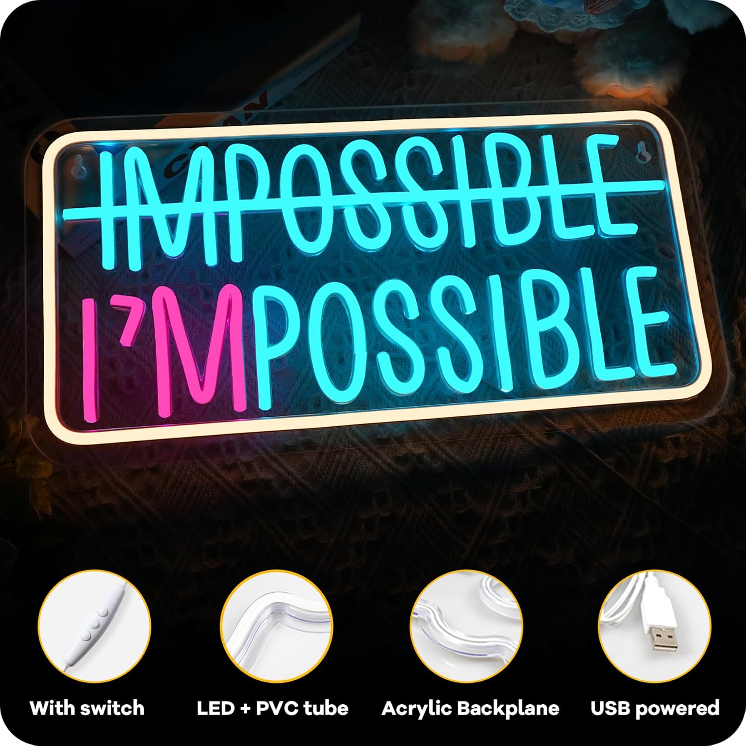 Horseneon Impossible und Not Impossible Neon Targa per decorazione da parete, con LED dimmerabile, scritta con USB per Man Cave Dorm Office Home Gym Gamer Room Decorazioni - immagine 7