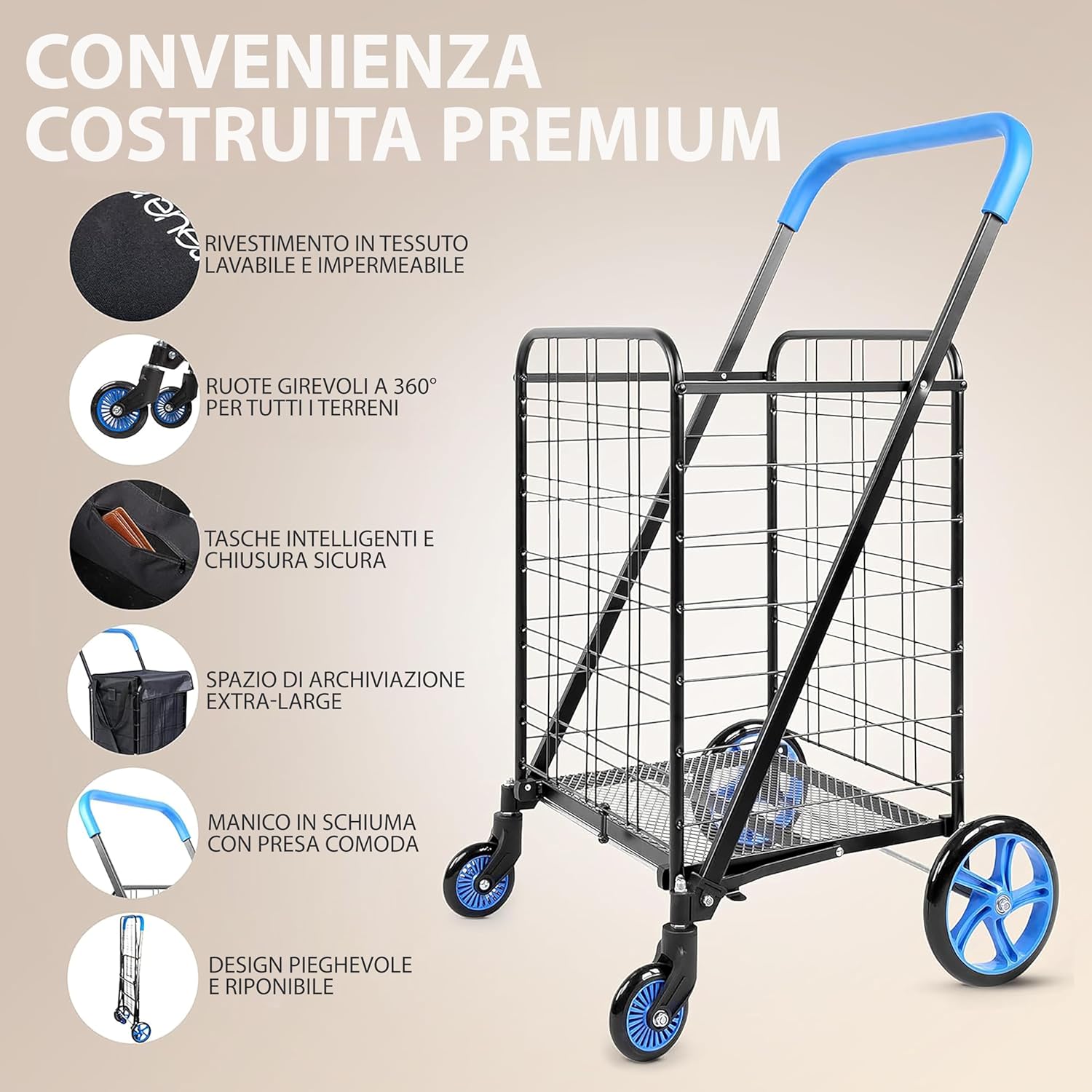 Serenelife Carrello Spesa Grande 50kg, Blu - immagine 2