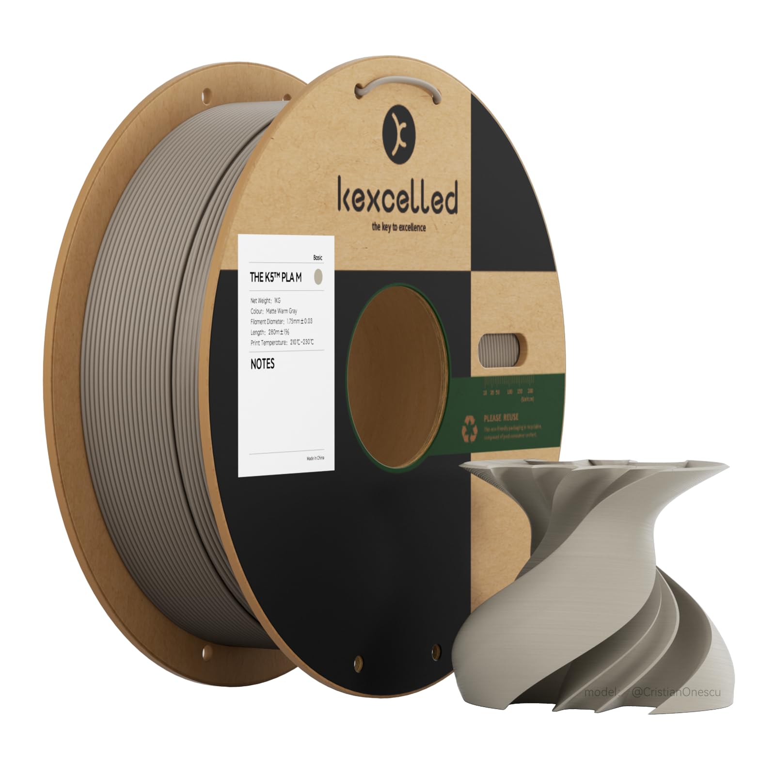 Kexcelled PLA Mat Filamento Stampante 3D 1,75mm, Grigio 1KG