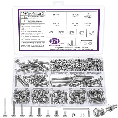 271 Pz Set di Viti M5, Bulloni e Dadi Set, Viti a Testa Cilindrica con Esagono Incassato, Kit di Assortimento di Bulloni a Testa Tonda Esagonale e Dadi e Rondelle (M4)