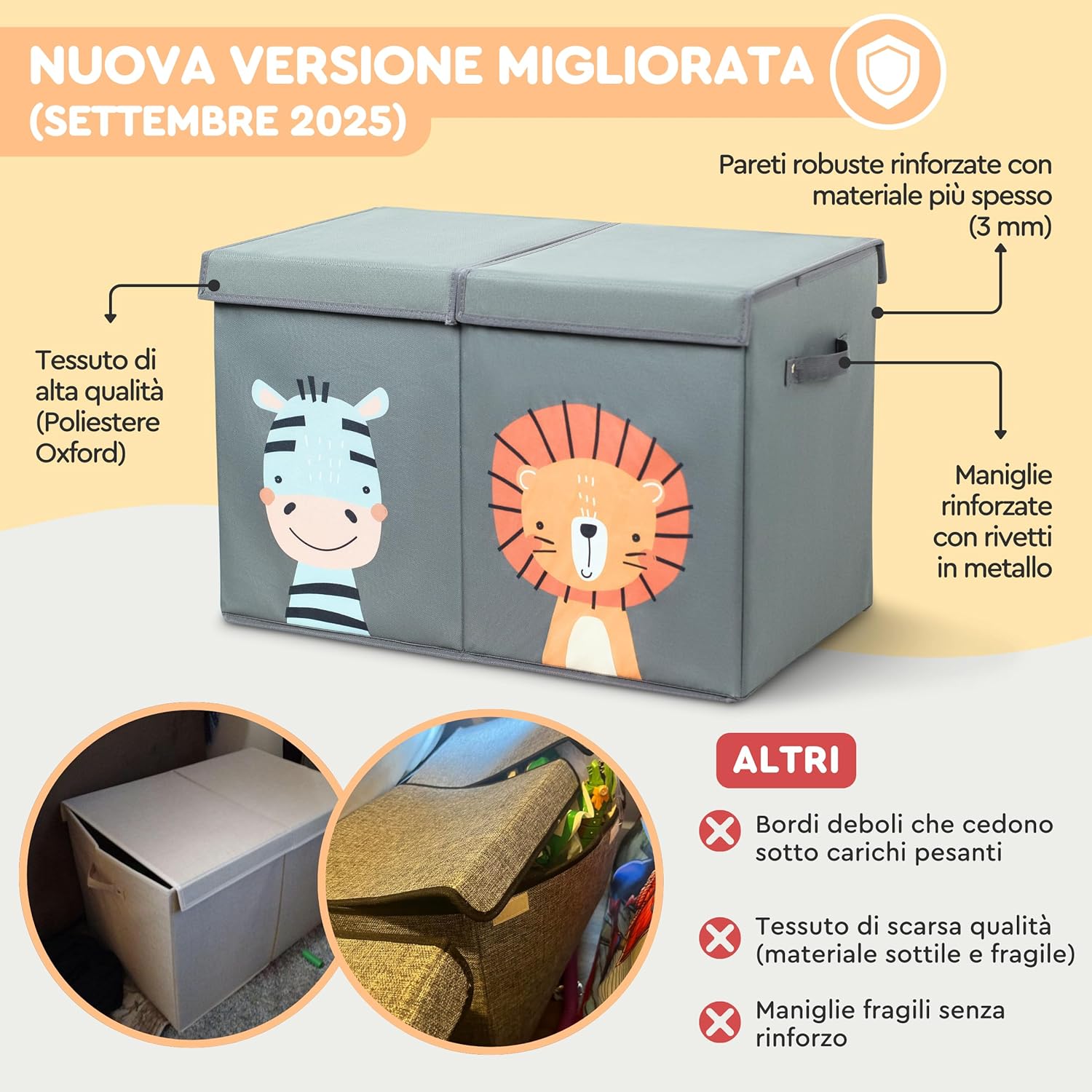 Scatola Porta Giochi Bambini Grigio Pieghevole 78 Litri - immagine 3