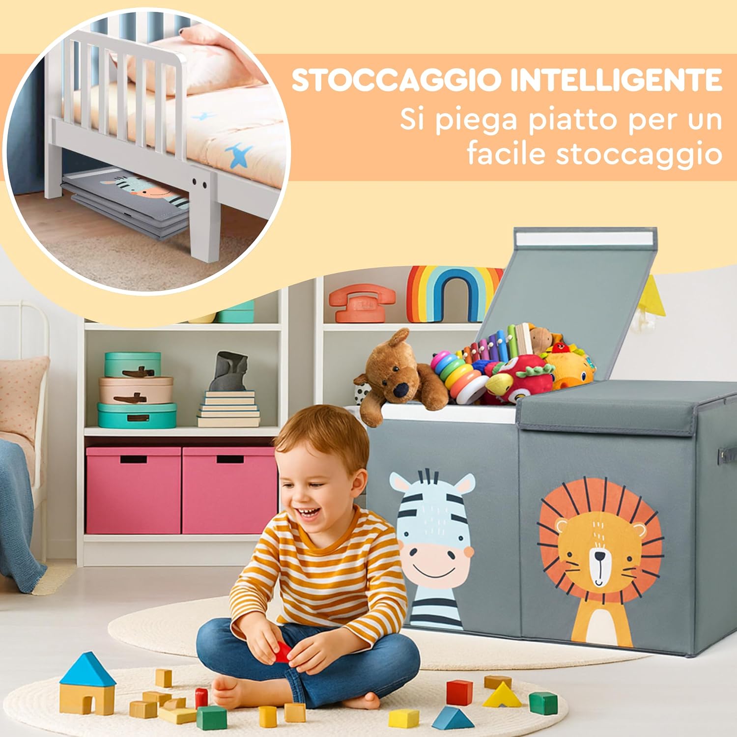 Scatola Porta Giochi Bambini Grigio Pieghevole 78 Litri - immagine 4