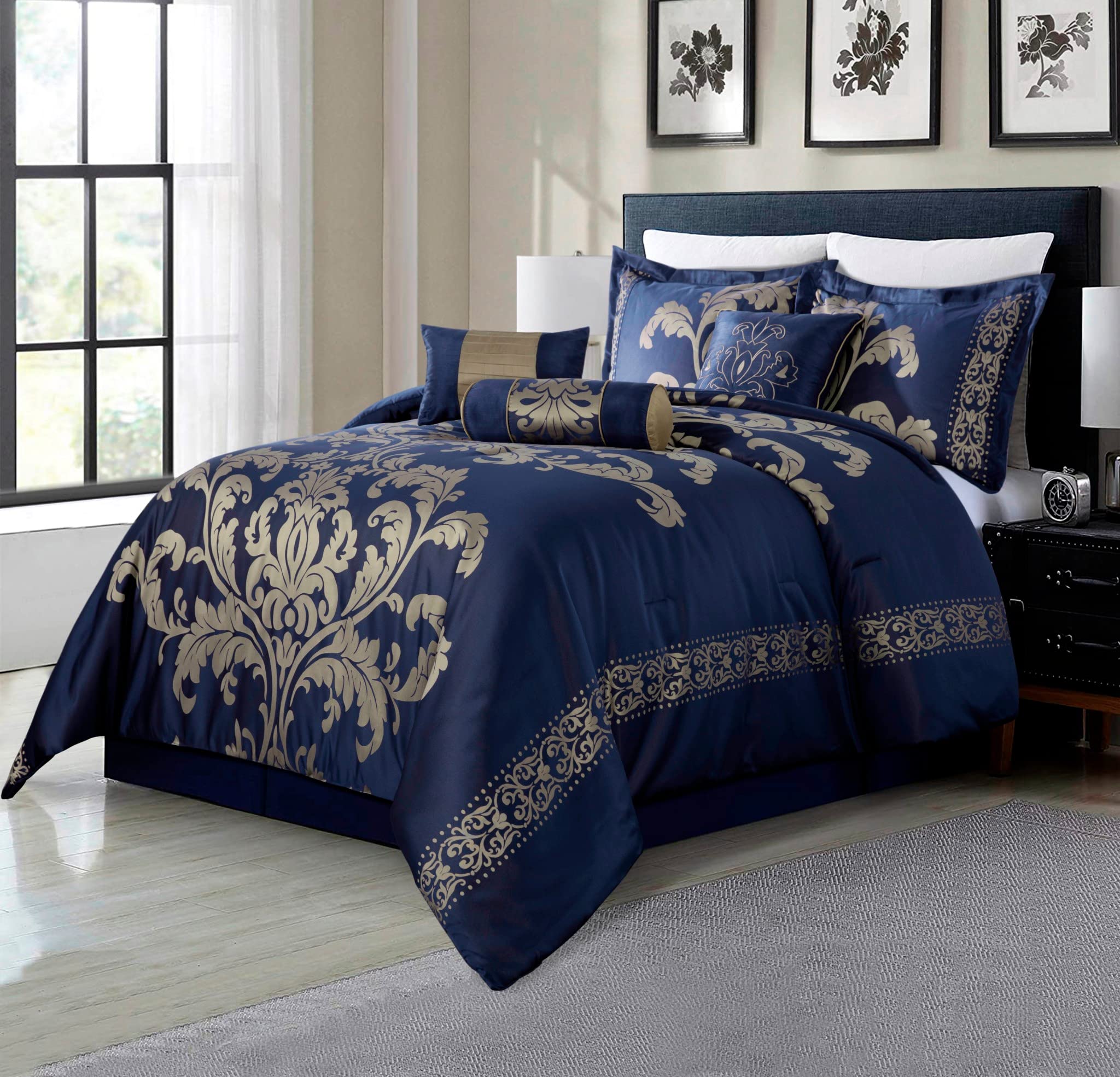 Chezmoi Collection Royale Set copripiumino in tessuto jacquard, motivo floreale, 7 pezzi, per letto king size extralarge, blu/oro