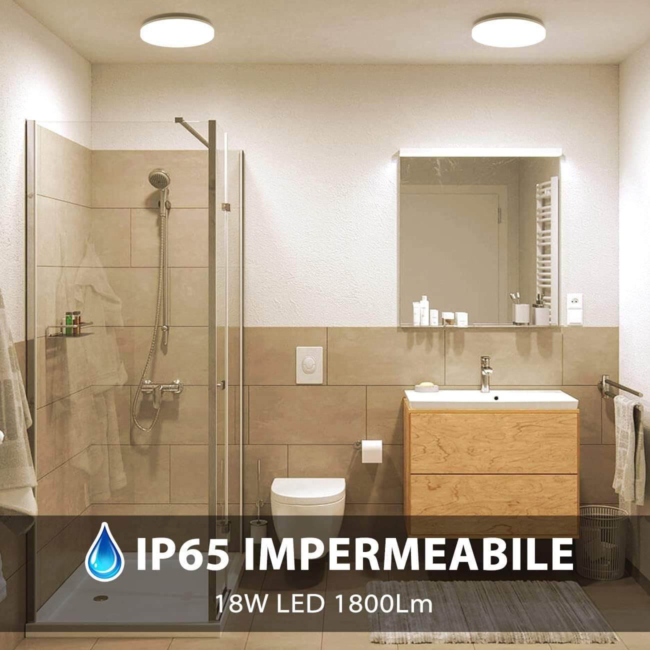 LVWIT Plafoniera a LED Rotonda 18W 1800LM Bianca Neutra 4000k Lampada LED Soffitto Impermeabile IP65 Ideale per Cucina Soggiorno Balcone Corridoio Bagno Camera da letto Ø220mm*50mm - immagine 2