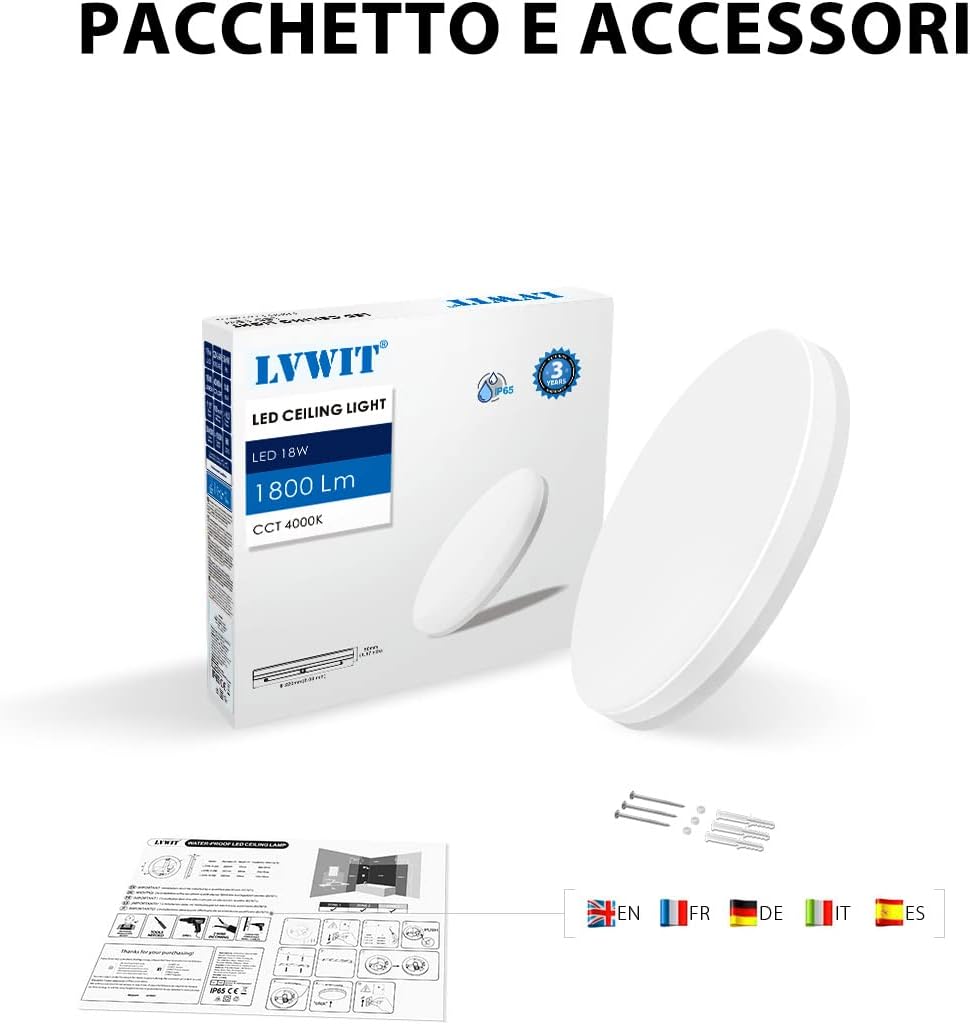 LVWIT Plafoniera a LED Rotonda 18W 1800LM Bianca Neutra 4000k Lampada LED Soffitto Impermeabile IP65 Ideale per Cucina Soggiorno Balcone Corridoio Bagno Camera da letto Ø220mm*50mm - immagine 6