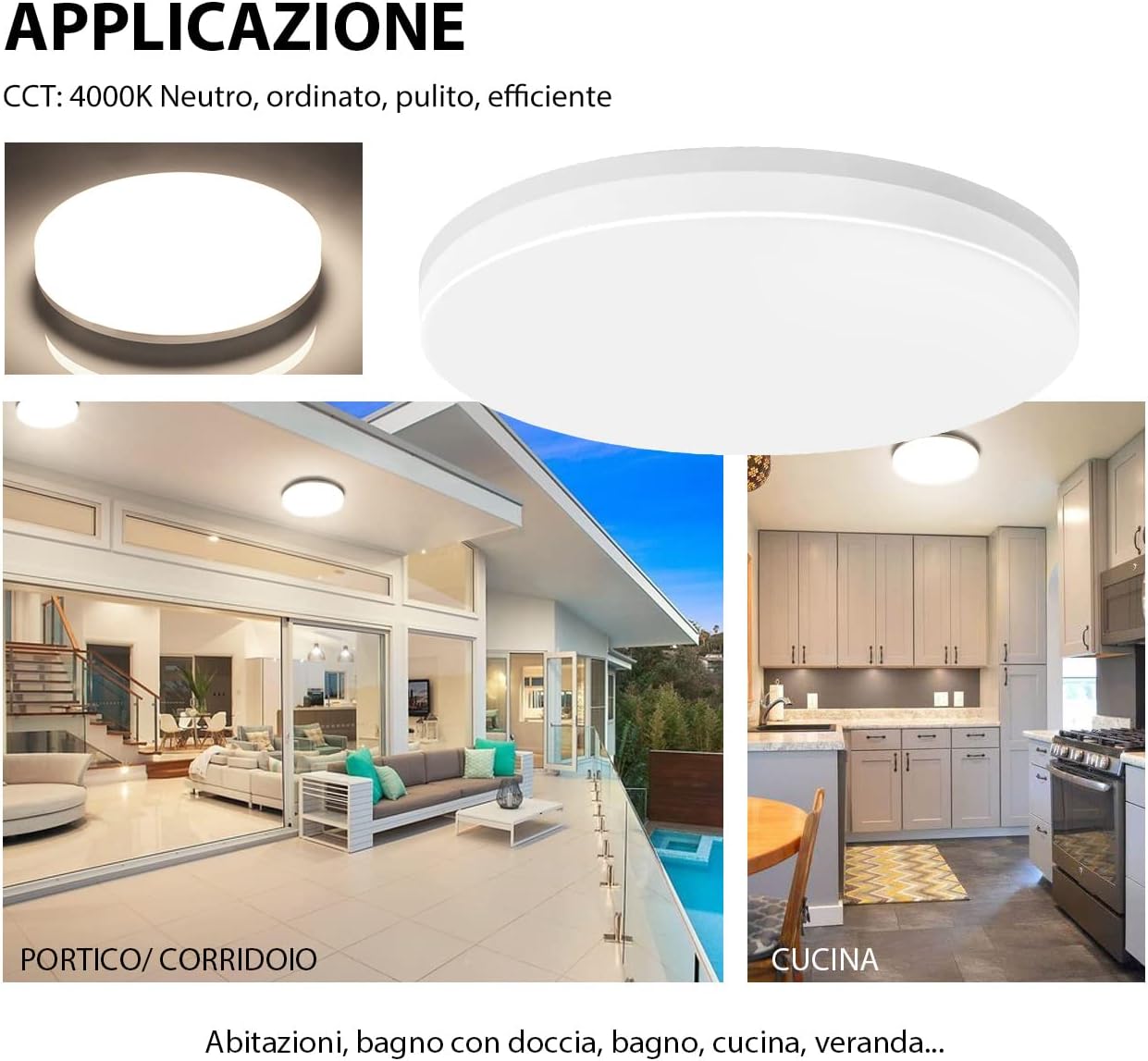 LVWIT Plafoniera a LED Rotonda 18W 1800LM Bianca Neutra 4000k Lampada LED Soffitto Impermeabile IP65 Ideale per Cucina Soggiorno Balcone Corridoio Bagno Camera da letto Ø220mm*50mm - immagine 7