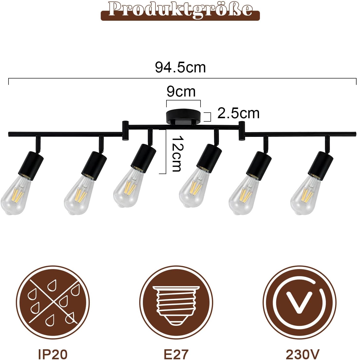 Cbjktx Faretto da Soffitto Nero E27 6 Fiamme Orientabile - immagine 3