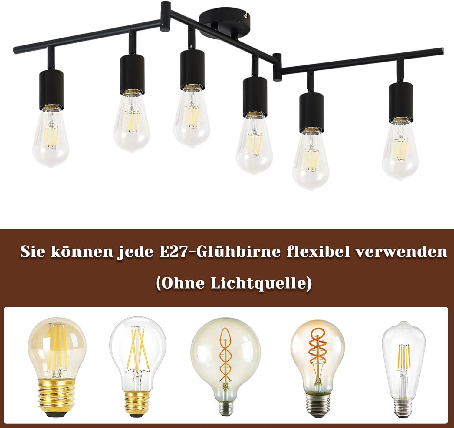 Cbjktx Faretto da Soffitto Nero E27 6 Fiamme Orientabile - immagine 5