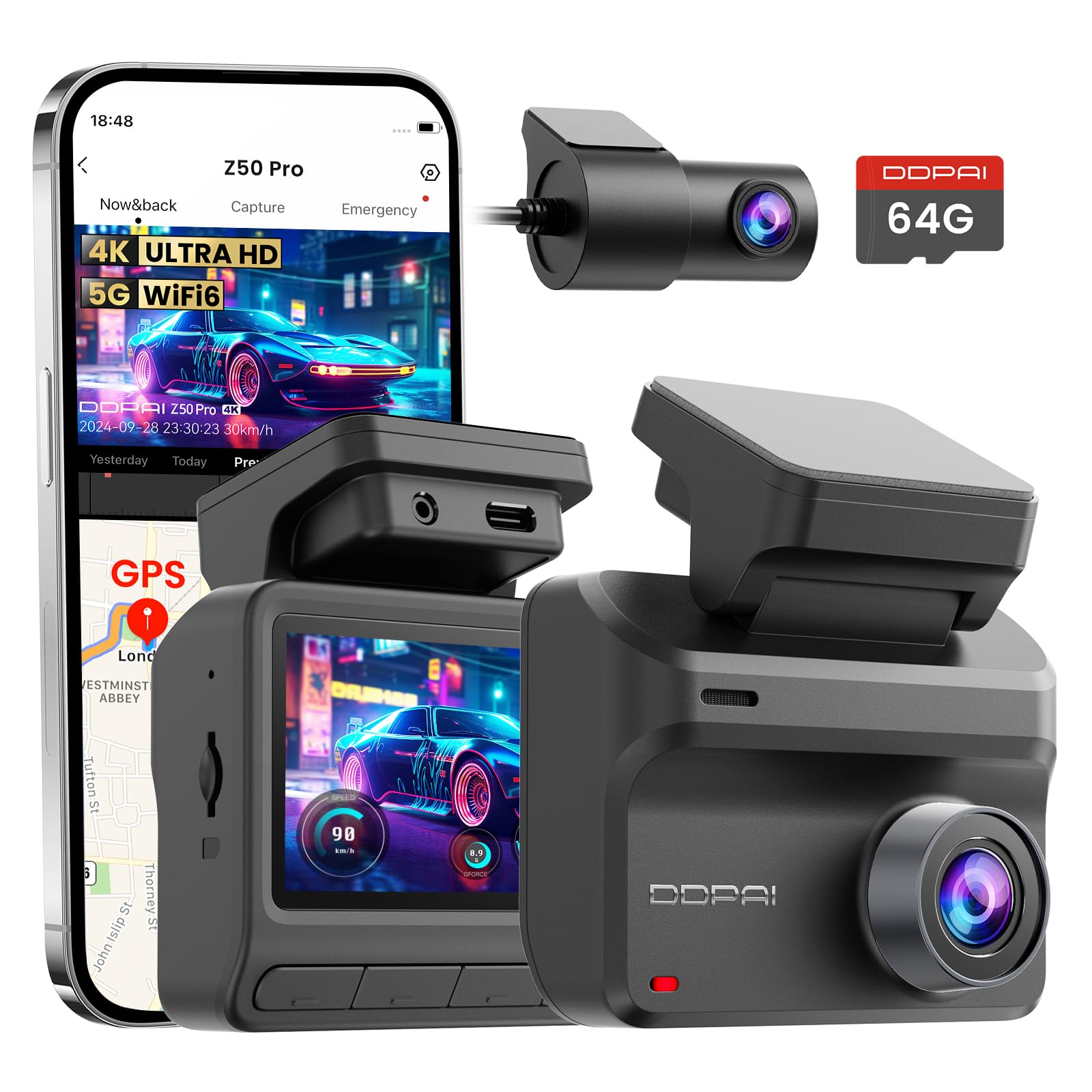Ddpai Dashcam Auto 4K + 1080P con Scheda 64 GB