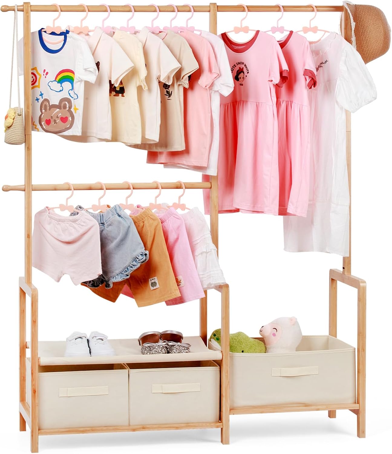 Relquorax Appendiabiti in bambù per bambini con tre aste da appendere, per vestiti da bambino, piccolo organizer con 3 cestini, per costumi e accessori (colore naturale)