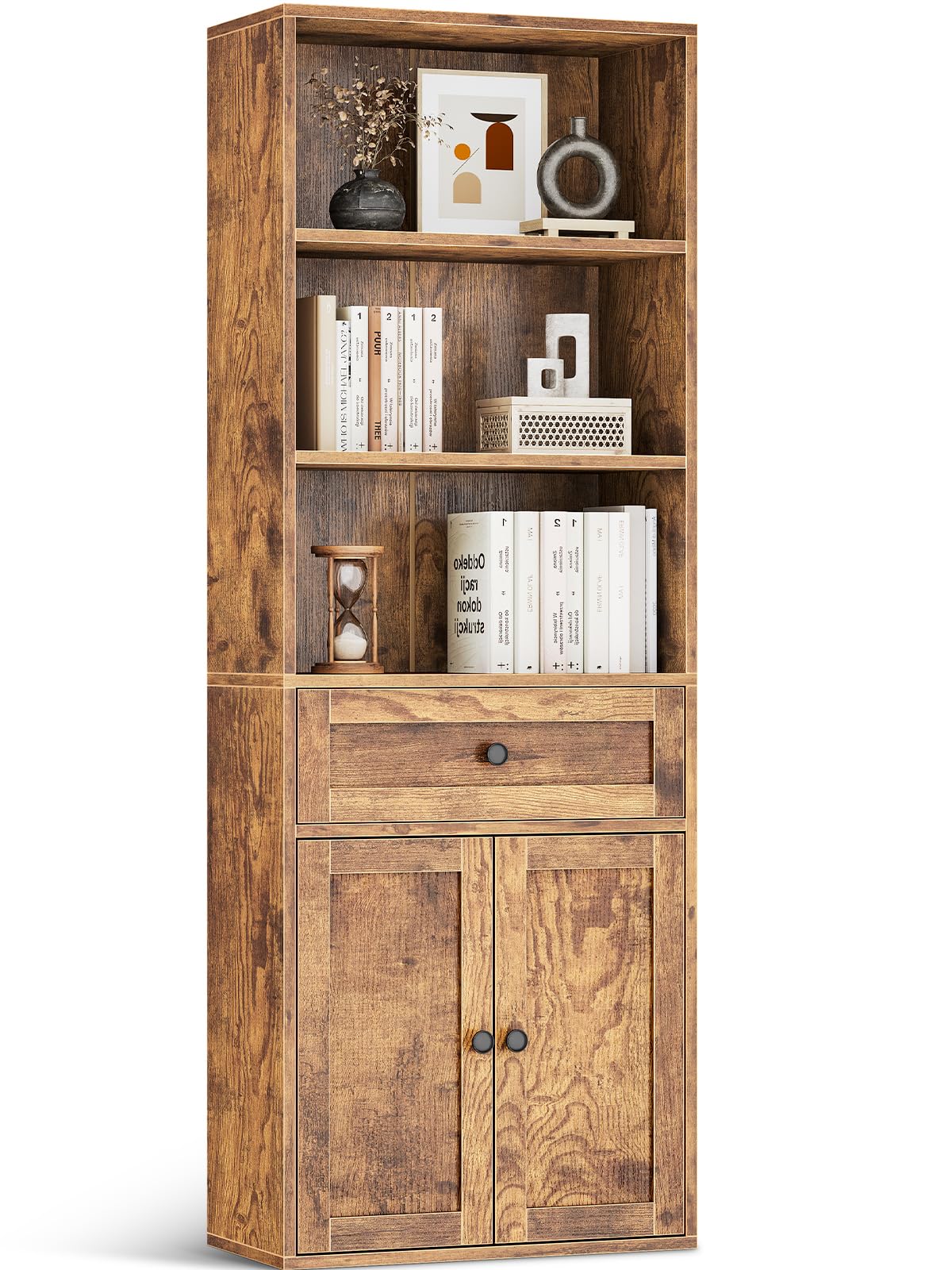 Coleshome Libreria 5 Ripiani con Ante e Cassetti, Marrone Rustico