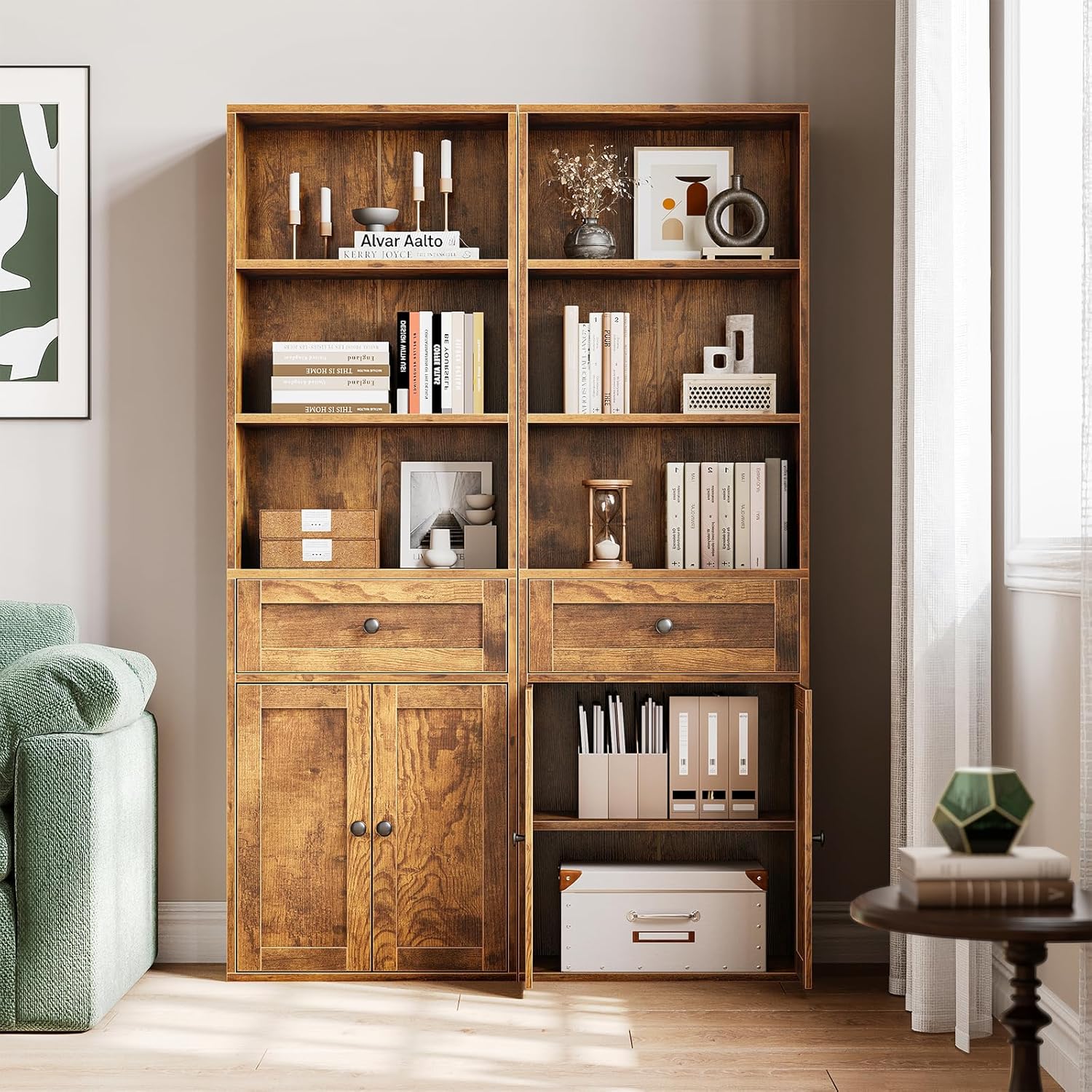 Coleshome Libreria 5 Ripiani con Ante e Cassetti, Marrone Rustico - immagine 2
