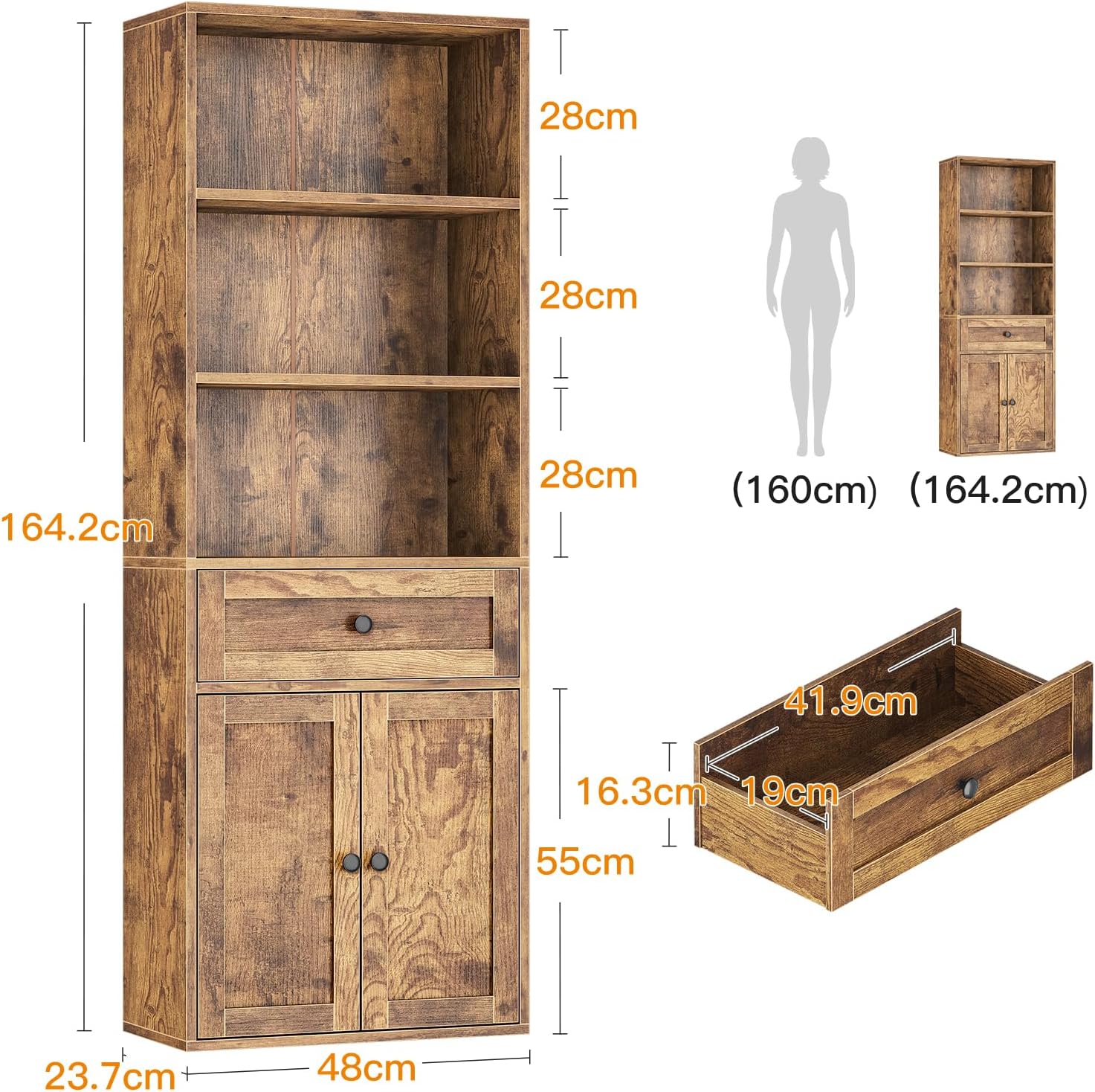 Coleshome Libreria 5 Ripiani con Ante e Cassetti, Marrone Rustico - immagine 3