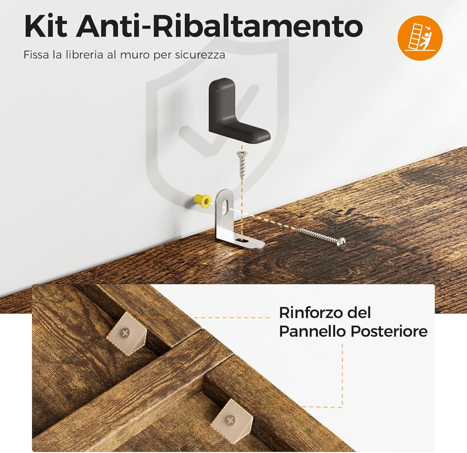 Coleshome Libreria 5 Ripiani con Ante e Cassetti, Marrone Rustico - immagine 6