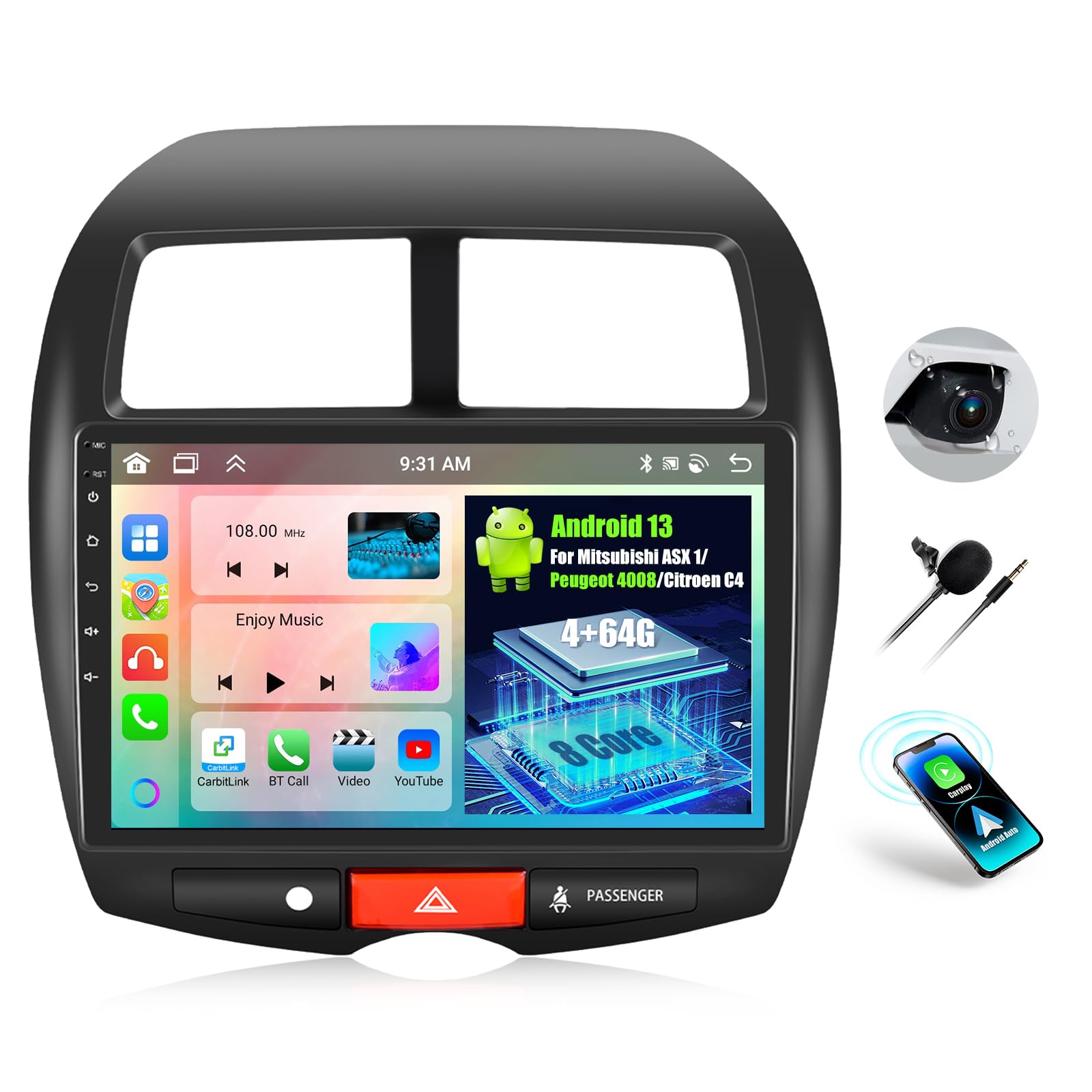 Oiliehu Android 13 Autoradio 10.1'' per Mitsubishi ASX/Peugeot 4008/Citroen C4