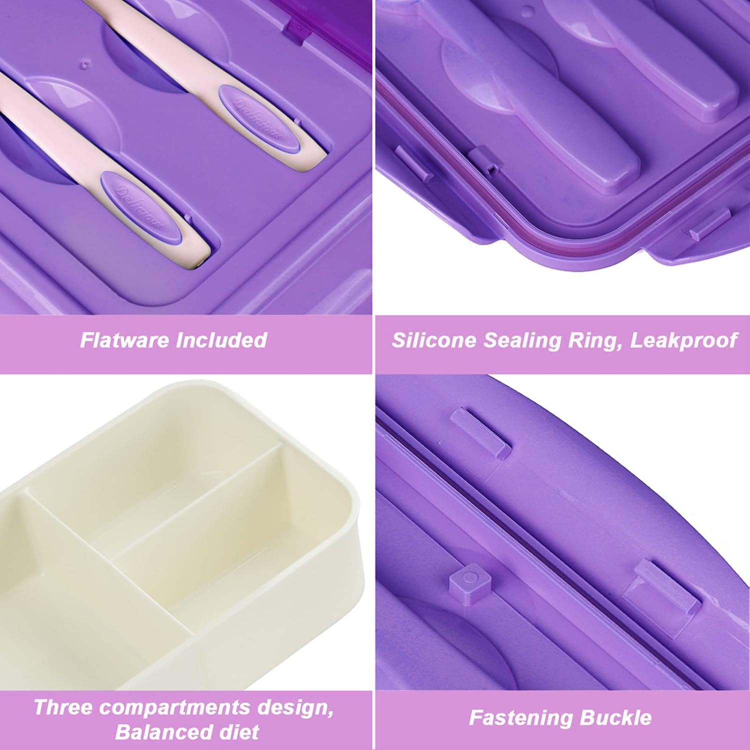 Bibury Porta Pranzo con 3 Scomparti e Posate, Viola - immagine 2