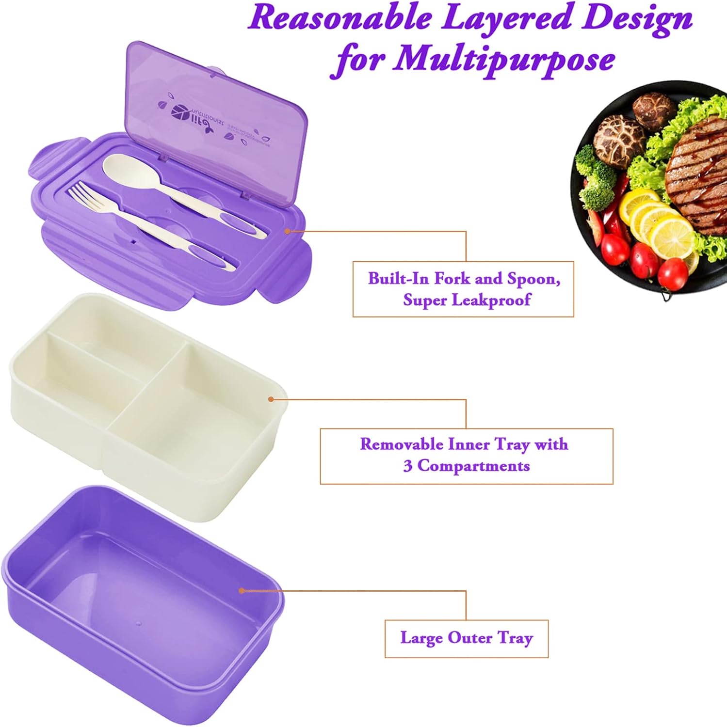 Bibury Porta Pranzo con 3 Scomparti e Posate, Viola - immagine 3