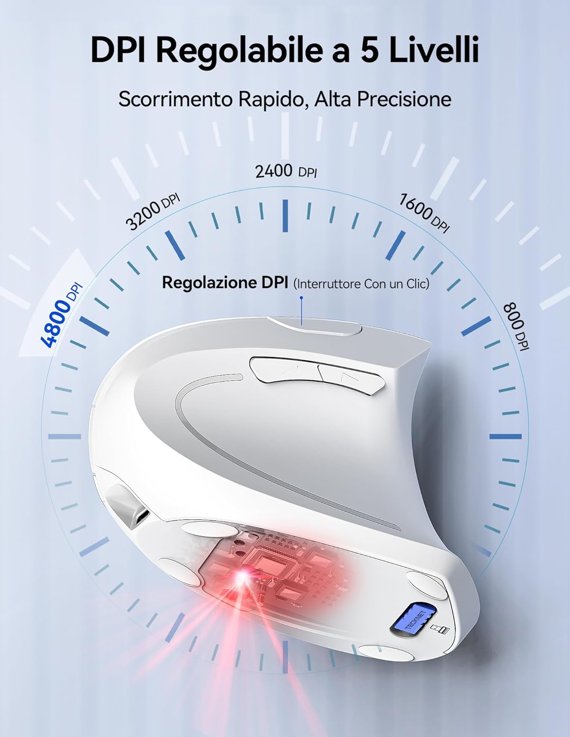 Tecknet Mouse Verticale Wireless Ricaricabile 4800 DPI, Bianco - immagine 3