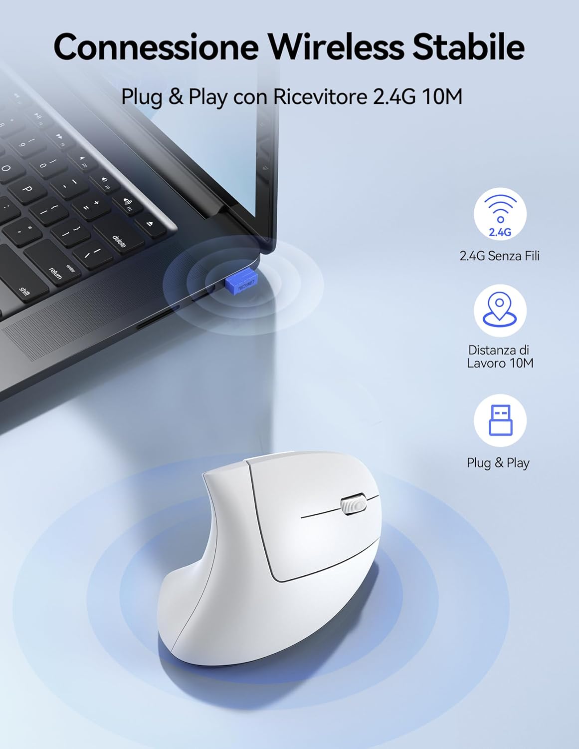 Tecknet Mouse Verticale Wireless Ricaricabile 4800 DPI, Bianco - immagine 6