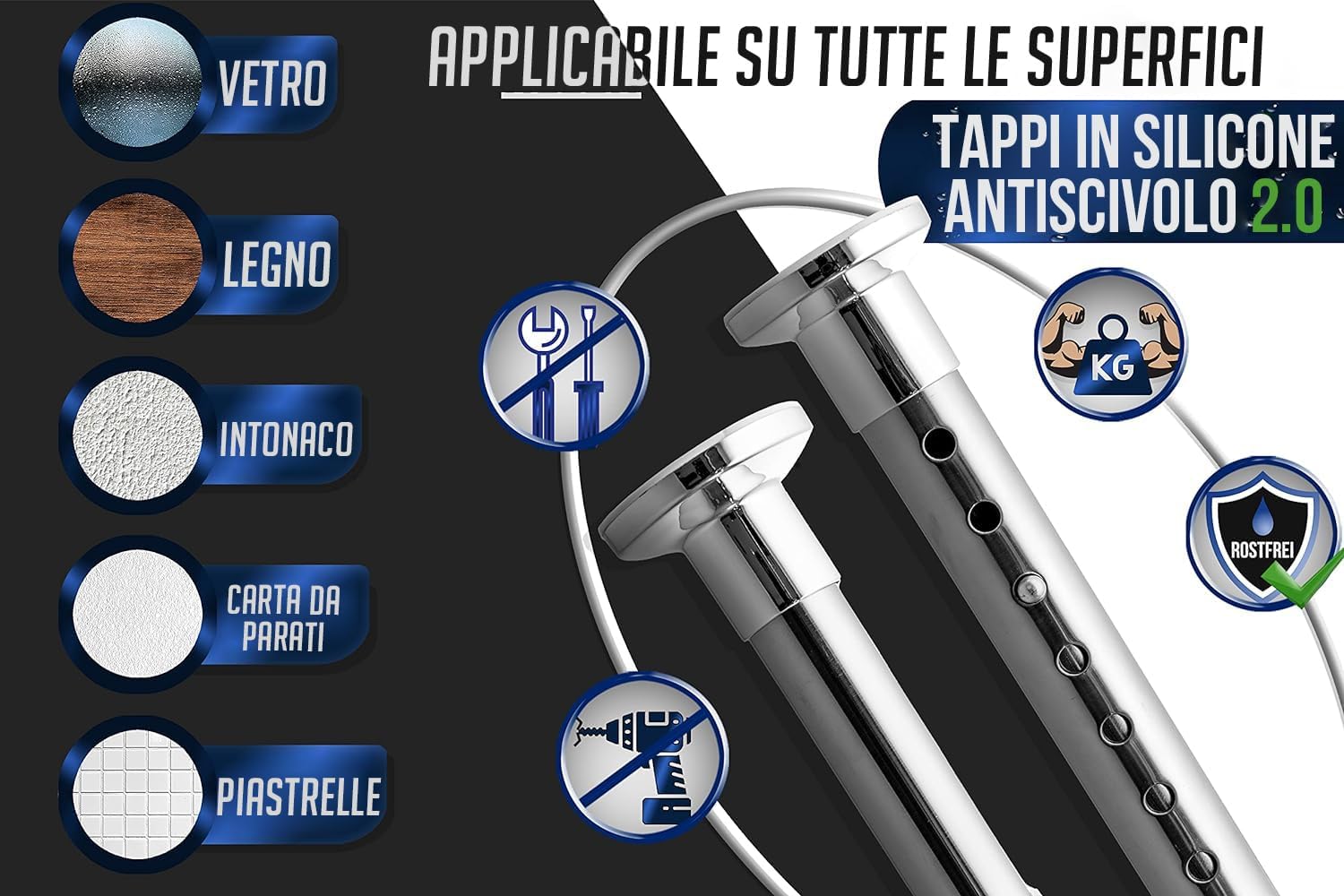 MEISENBERG Aste a Pressione per Tende 160-210cm, Argento - immagine 2