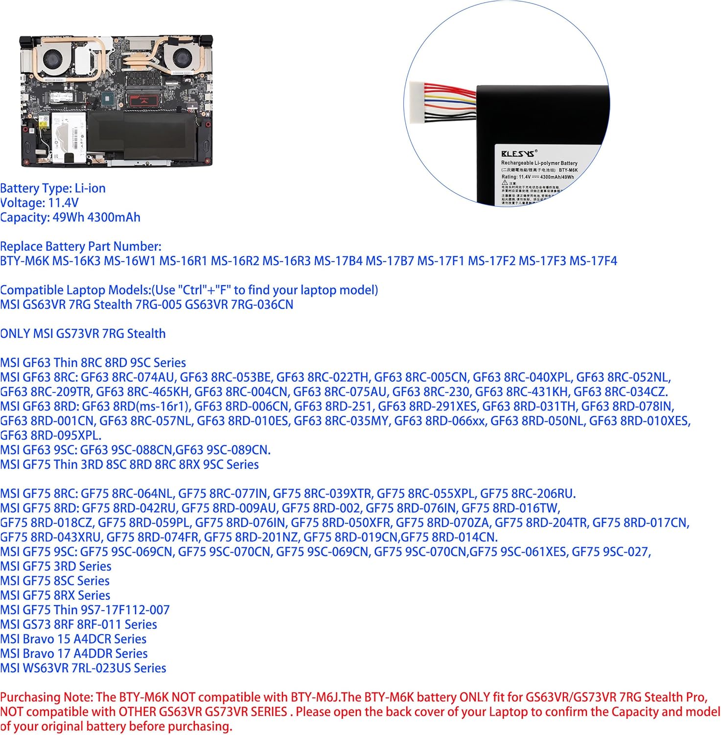 Blesys BTY-M6K Batteria per MSI GF63 GF65 GF75 - immagine 3