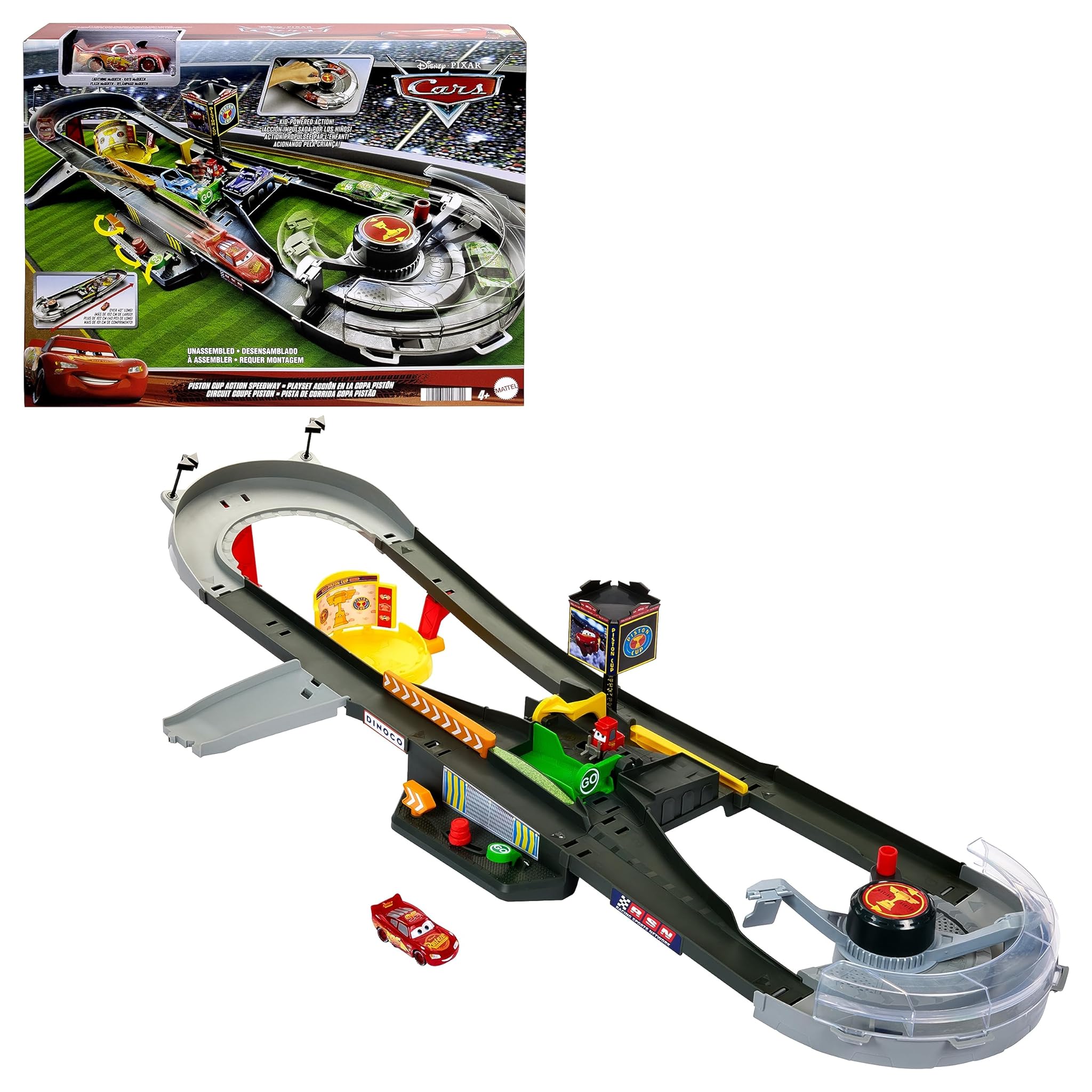 Mattel Disney Pixar CARS - Pista Azione Piston Cup, playset pista interattiva con macchinina die-cast Saetta McQueen inclusa, giocattolo per bambini, 4+ anni, HPD81