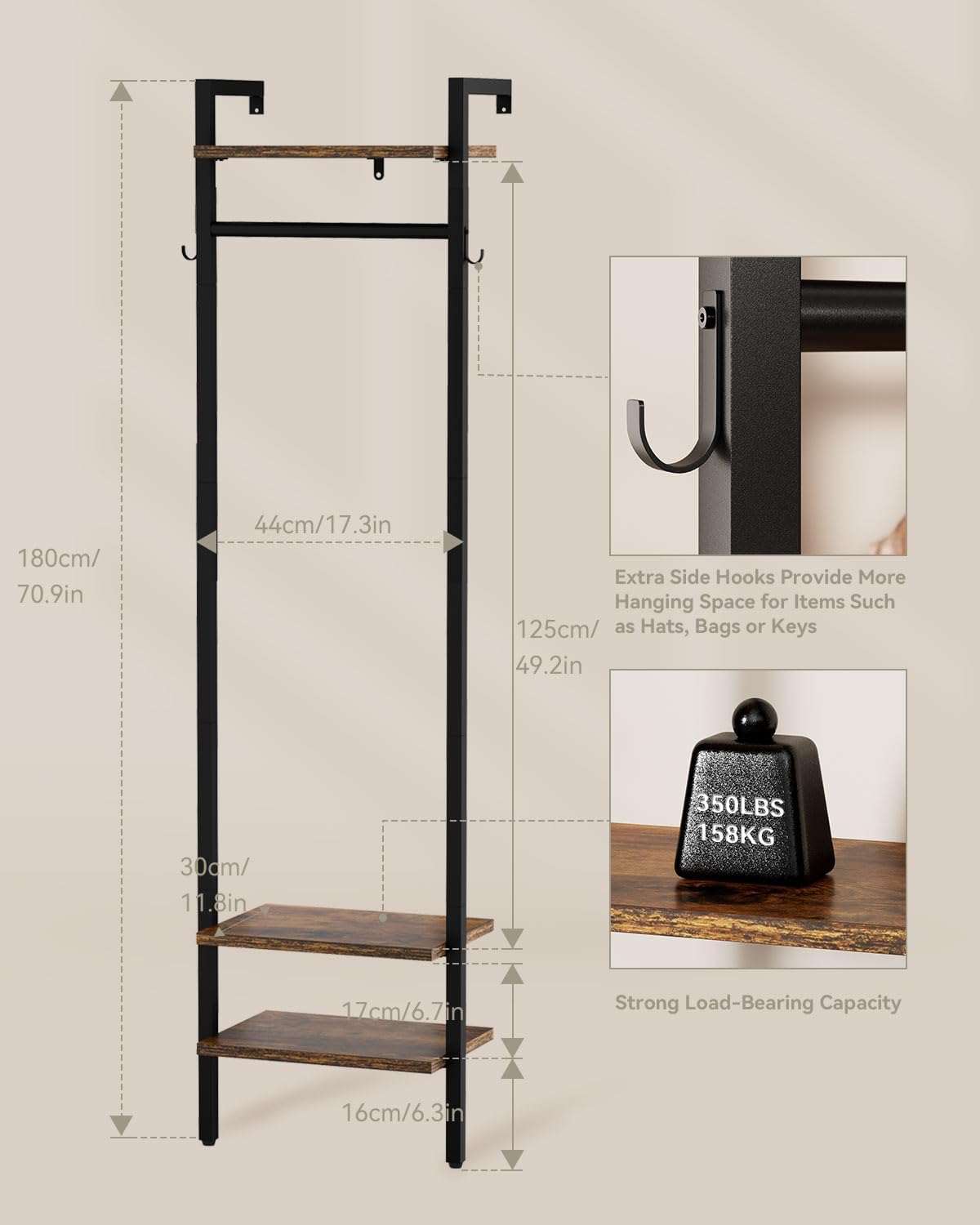 Ymyny Appendiabiti da Parete 180CM, Marrone Rustico - immagine 5