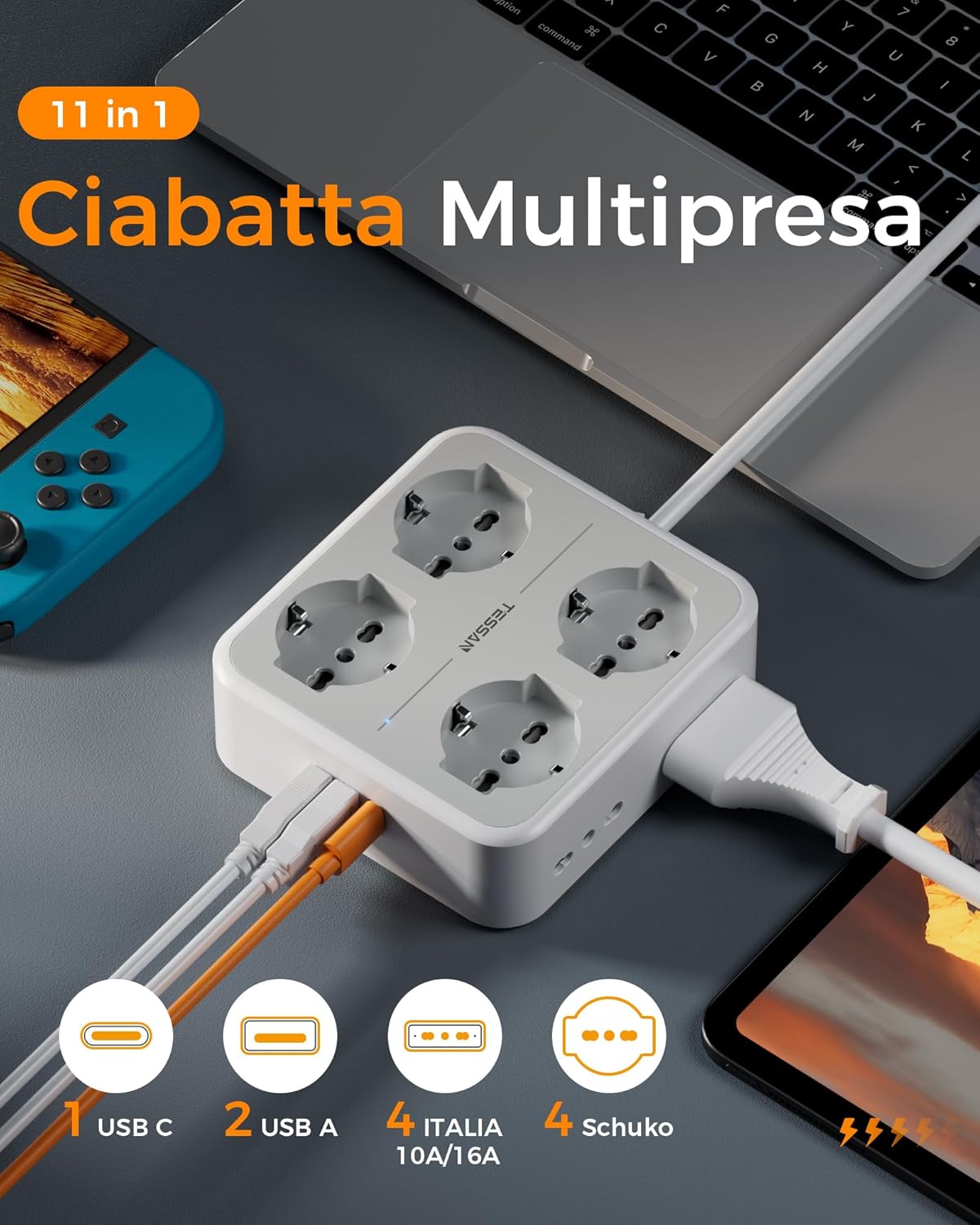 Tessan Ciabatta Multipresa con USB C e Prolunga 5 Metri - immagine 2