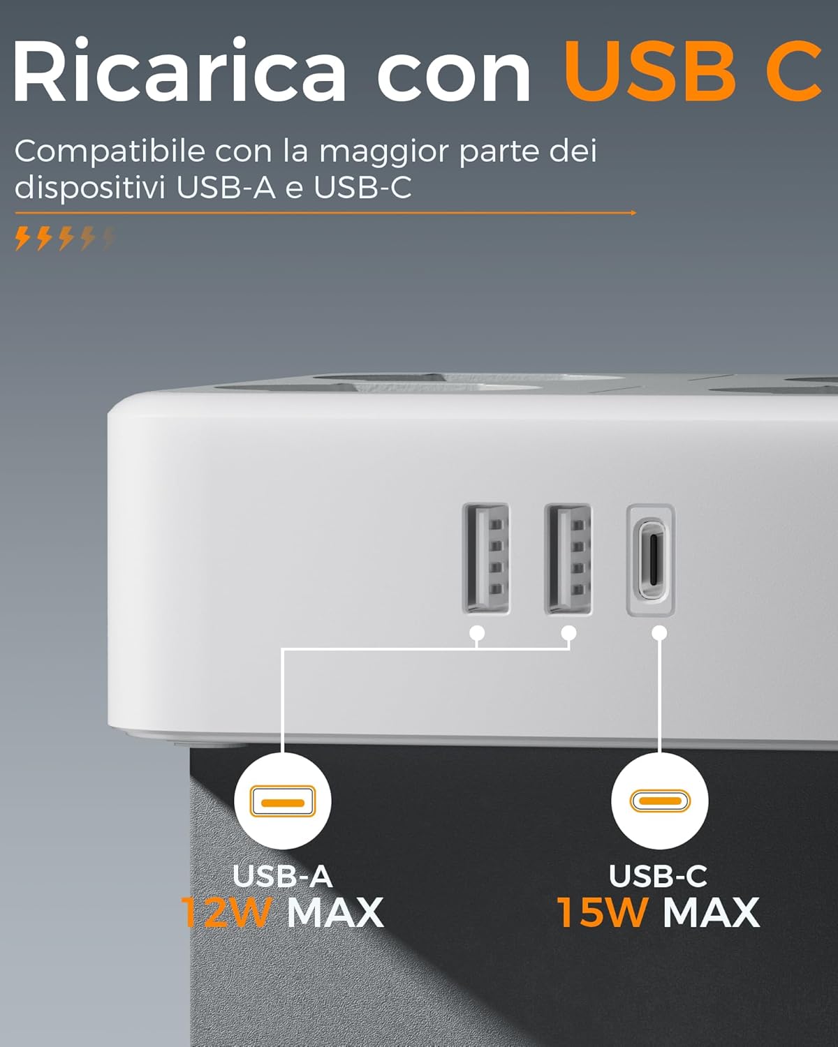 Tessan Ciabatta Multipresa con USB C e Prolunga 5 Metri - immagine 3