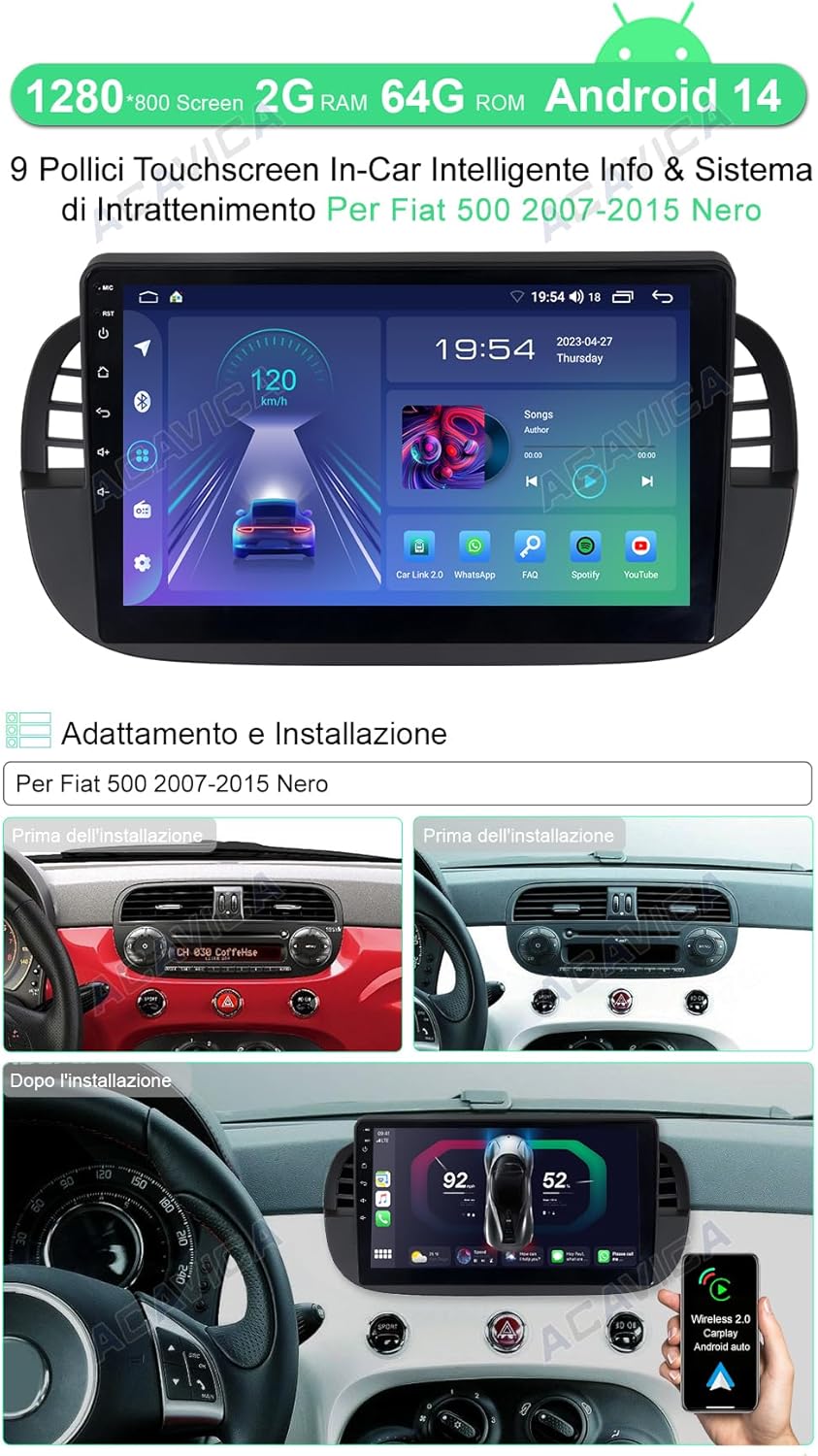 Acavica Autoradio Android 9 pollici per Fiat 500 2007-2015 - immagine 2