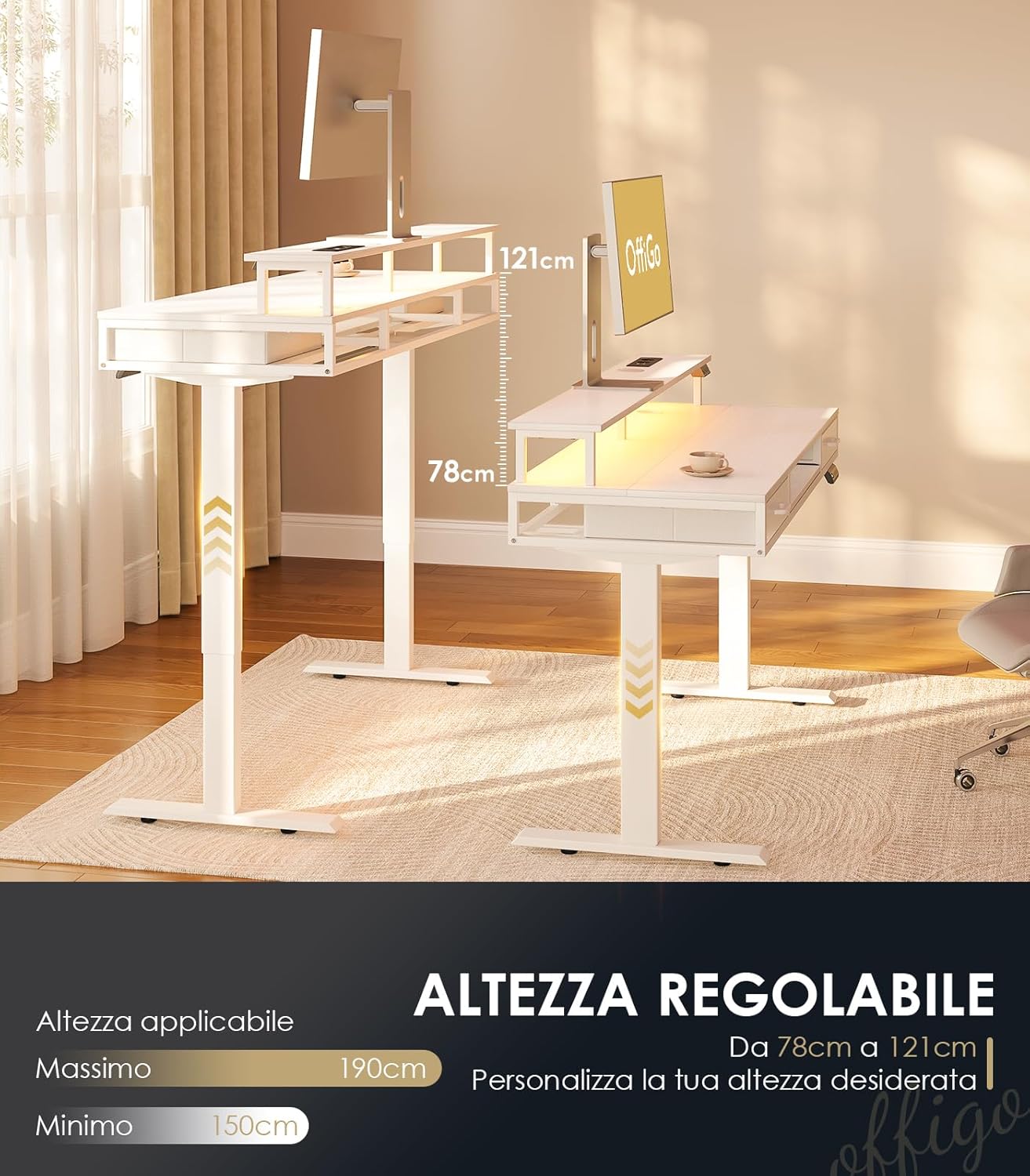 Offigo Scrivania Elettrica Regolabile in Altezza 140cm, Bianco - immagine 3