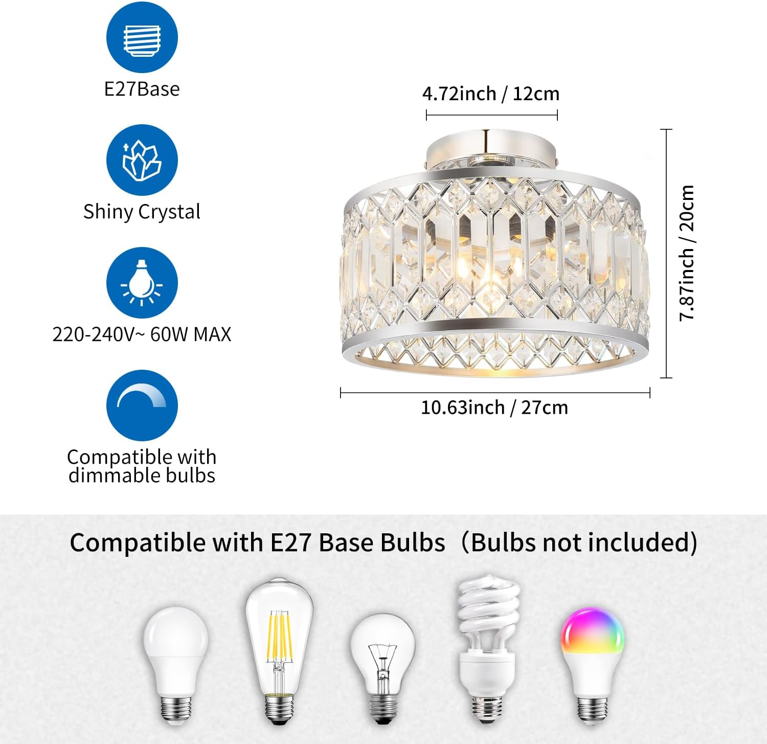 Anwio Lampadari Cristallo Argento - Plafoniera E27 - immagine 3
