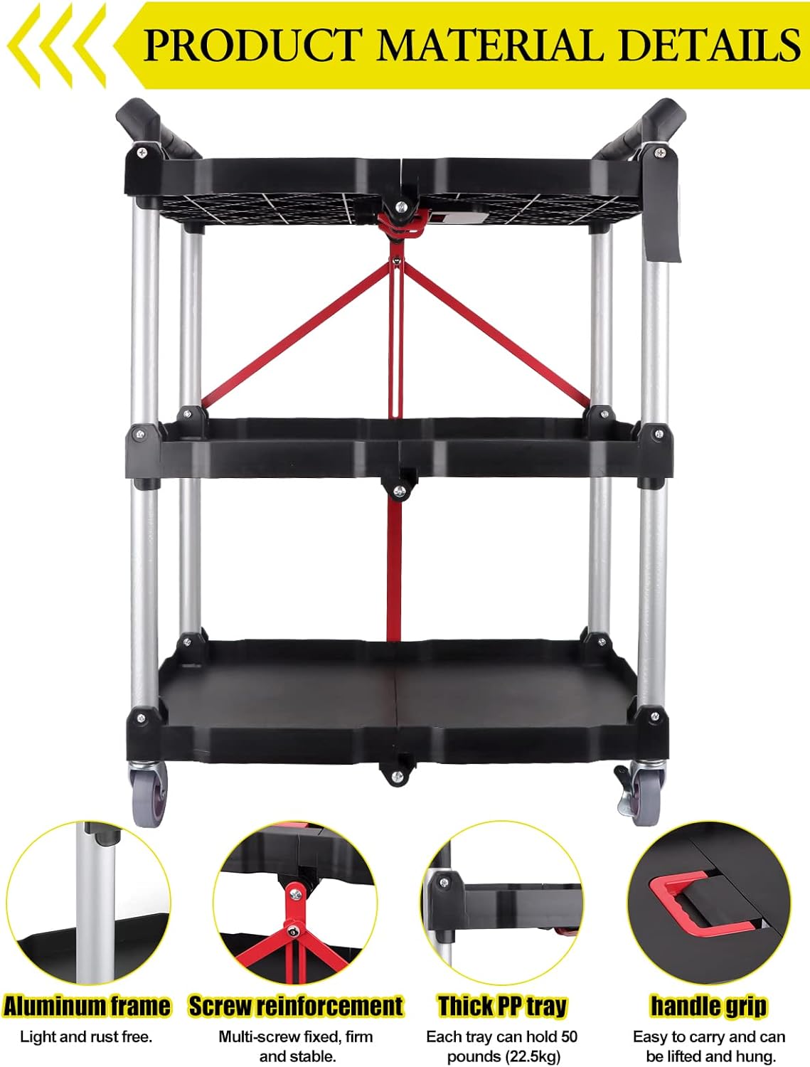 Ebanku Carrello di Servizio Pieghevole 3 Ripiani - immagine 5