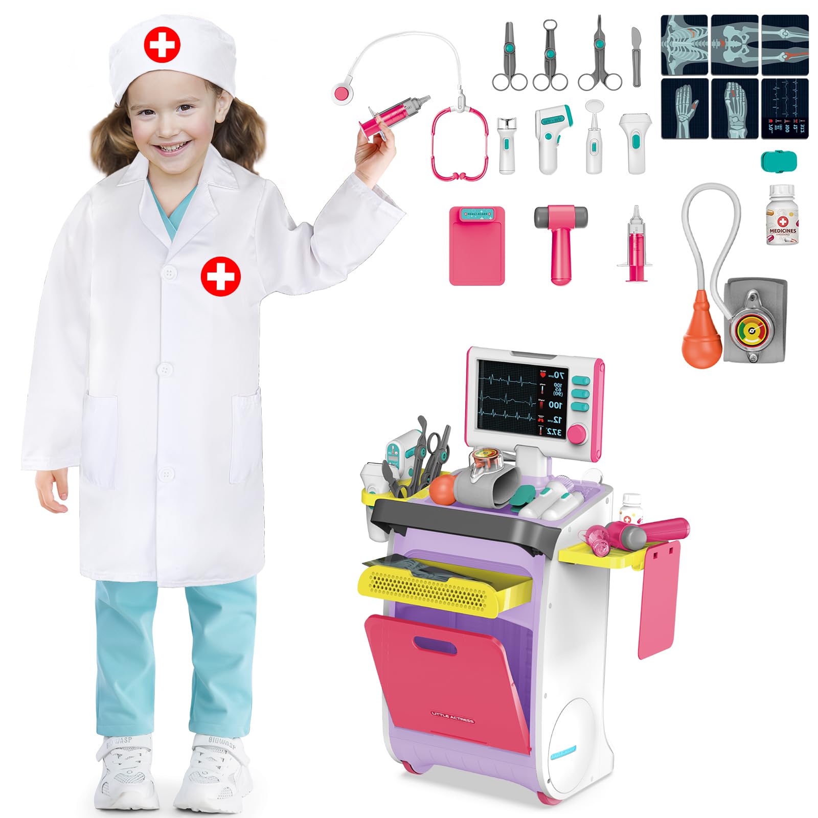 deAO Valigetta Dottore Bambini - Carrello Medico Giocattolo, Rosa