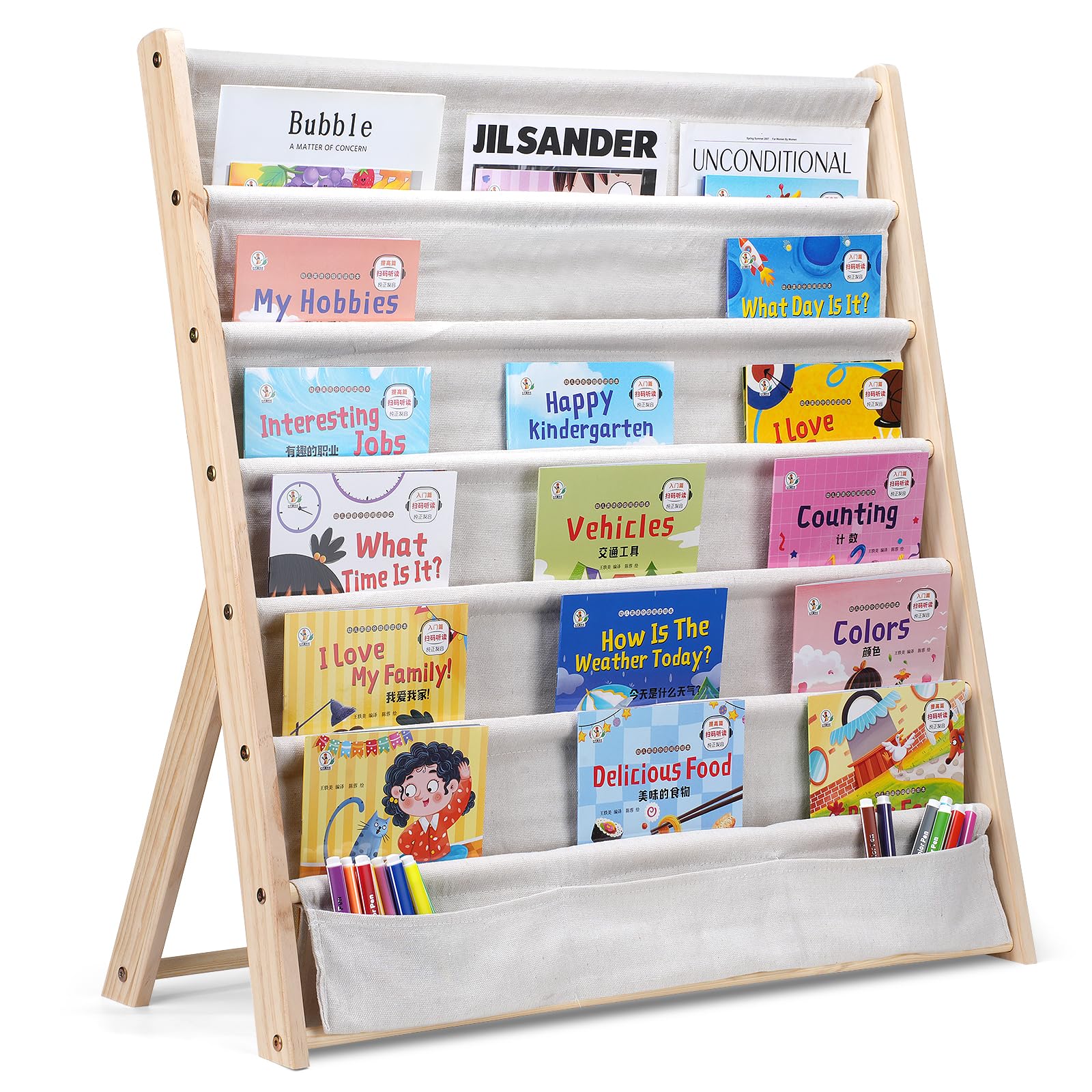 Libreria a 6 Ripiani per Bambini in Legno con Tasca