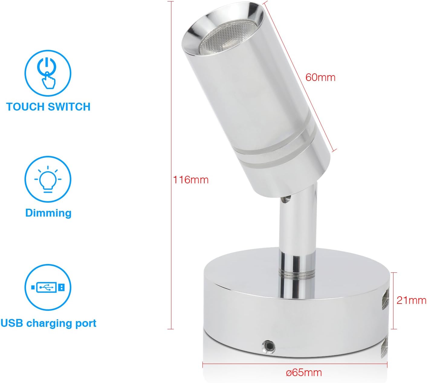 Lighteu 2x Faretti LED 12V 2W E1 USB Cromati - immagine 2