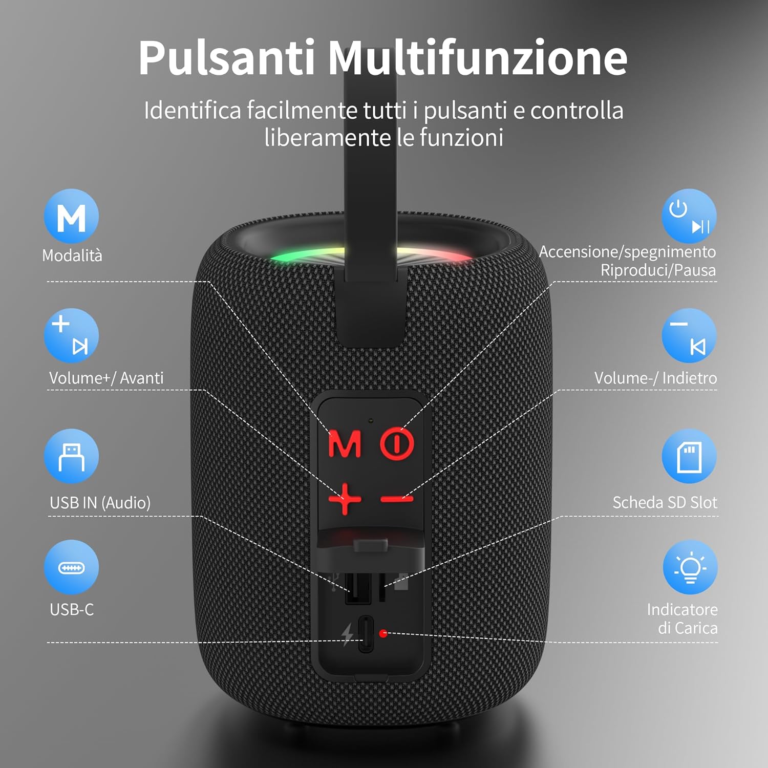 Oraolo Cassa Bluetooth Portatile con Luci RGB - immagine 6