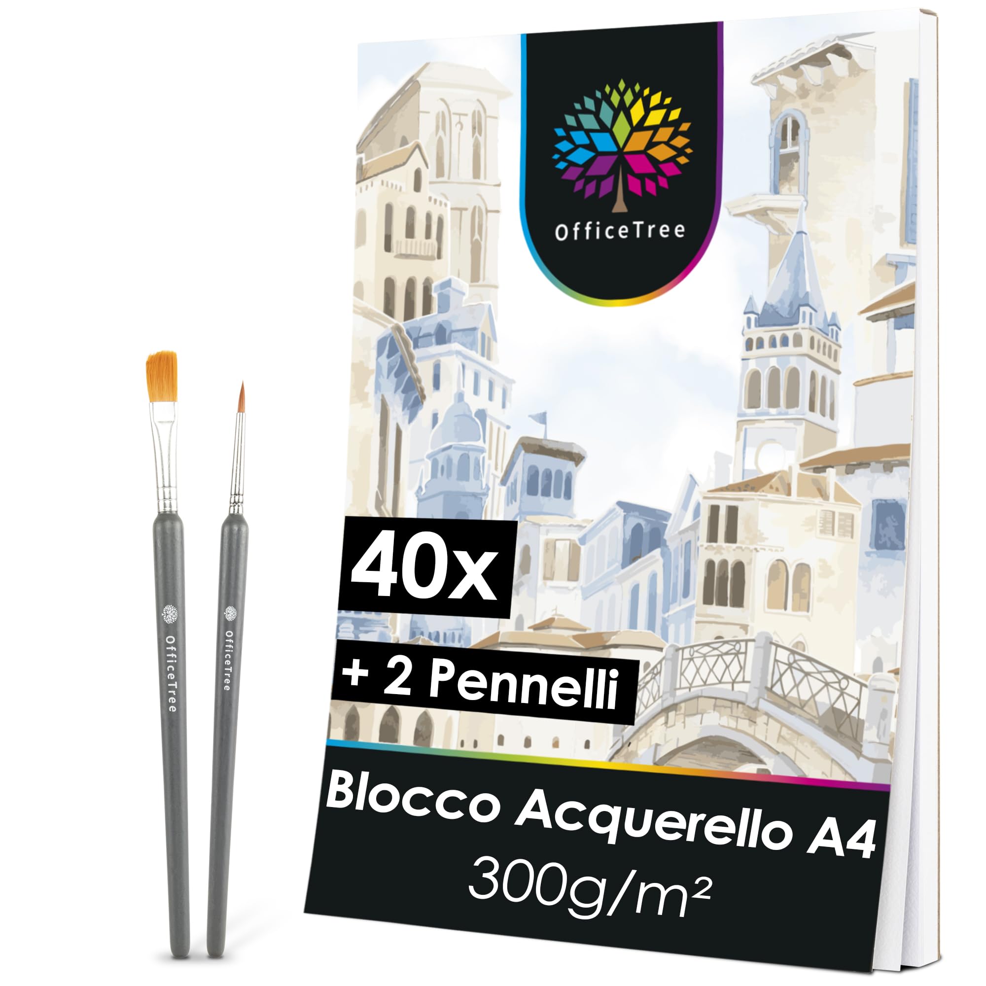 Officetree Carta Acquerello A4 300g (40 pz) con 2 Pennelli