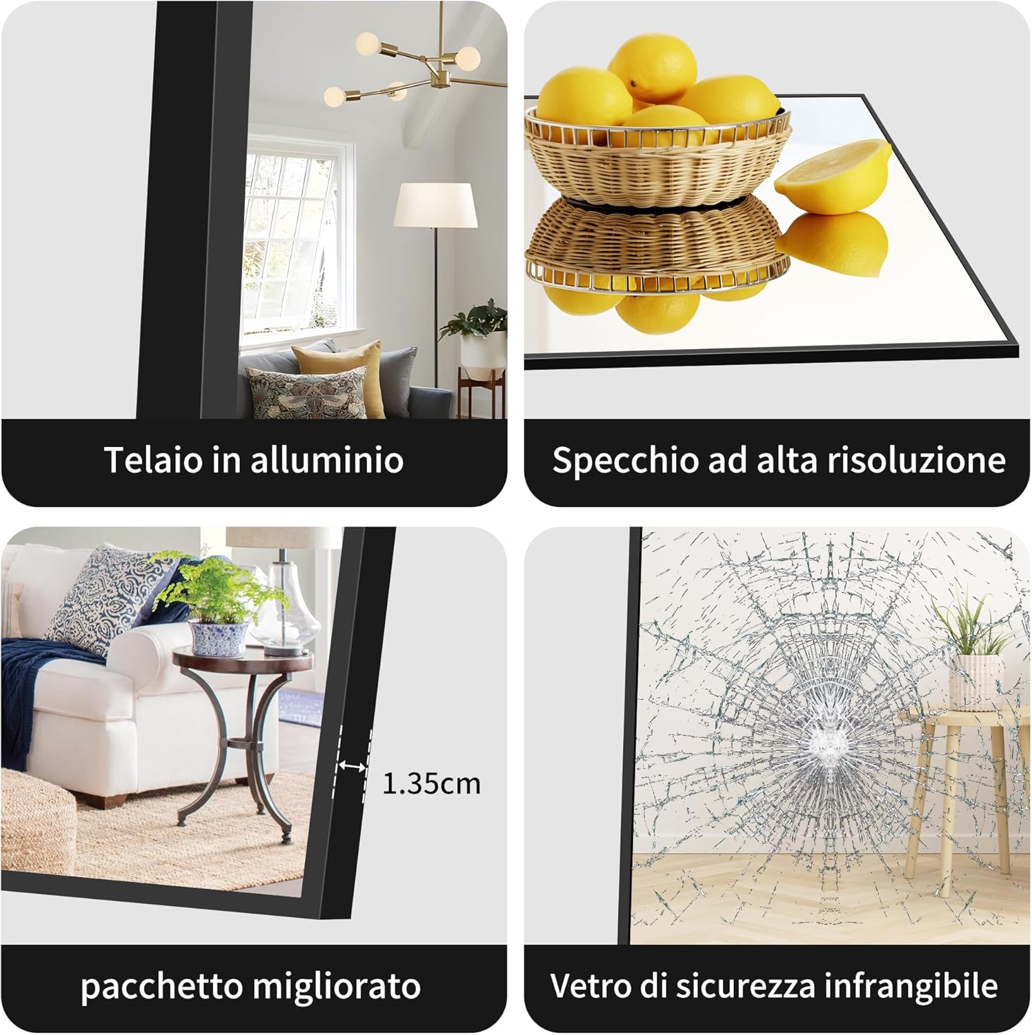 Bonewei Specchio da Terra 150x40 cm, Cornice Nera - immagine 5