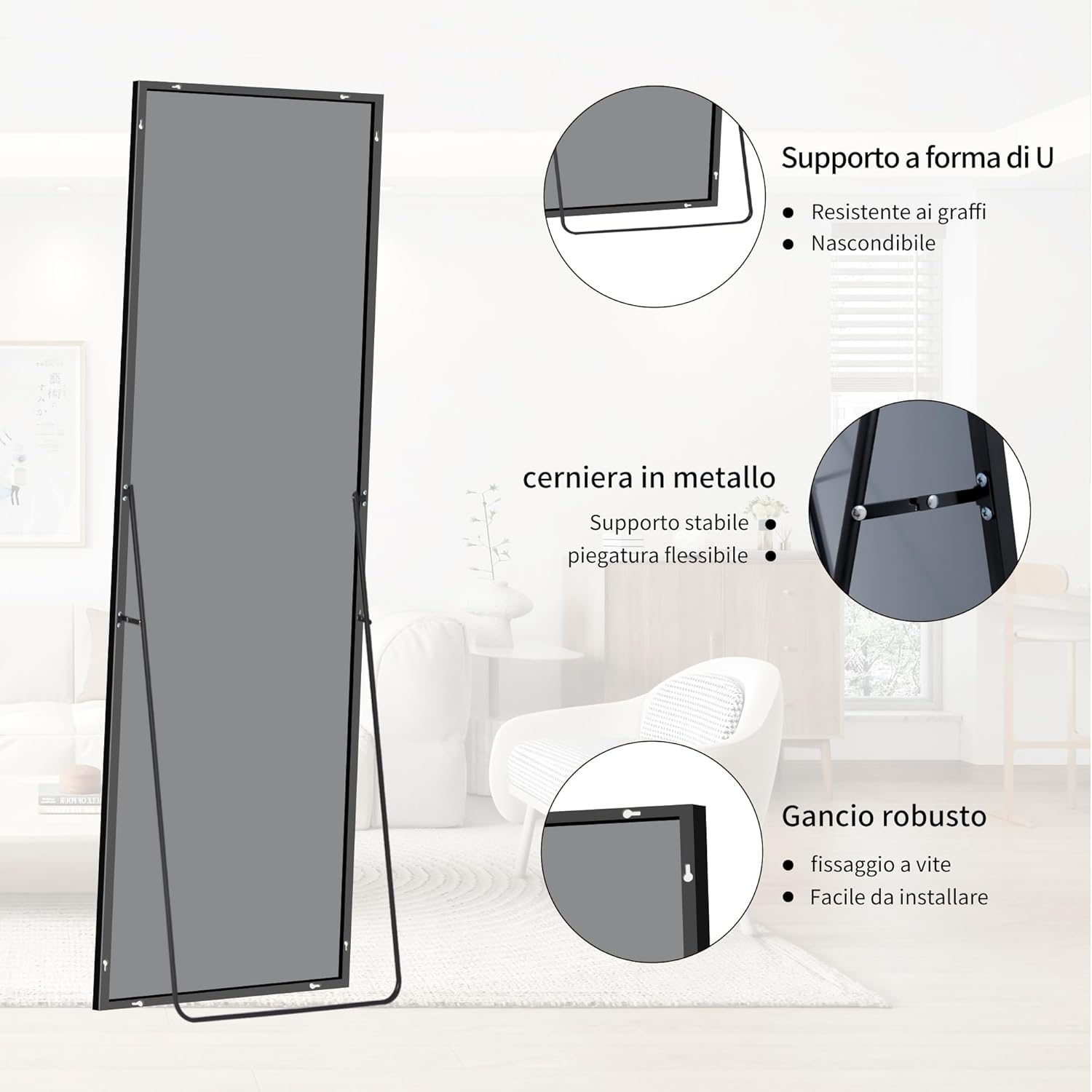 Bonewei Specchio da Terra 150x40 cm, Cornice Nera - immagine 6