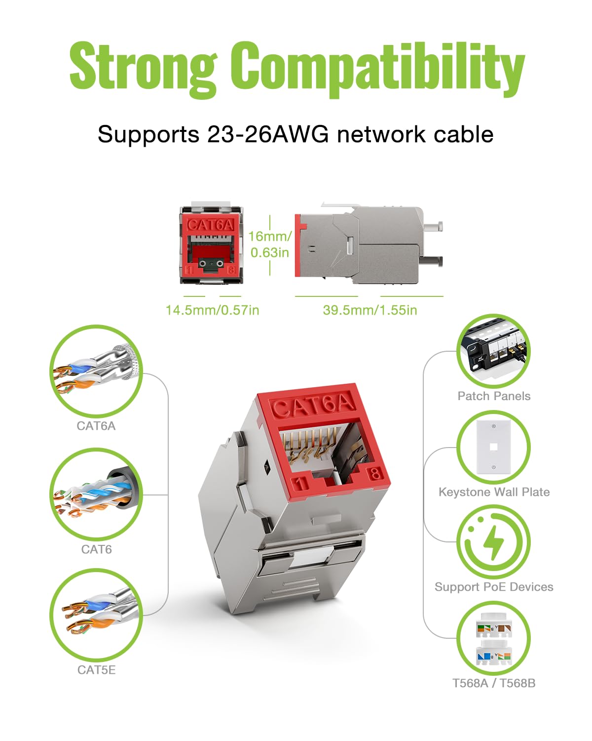 6 Pezzi RJ45 Keystone Jack Cat6a, 10 Gbps/500 Mhz, Modulo Keystone ...