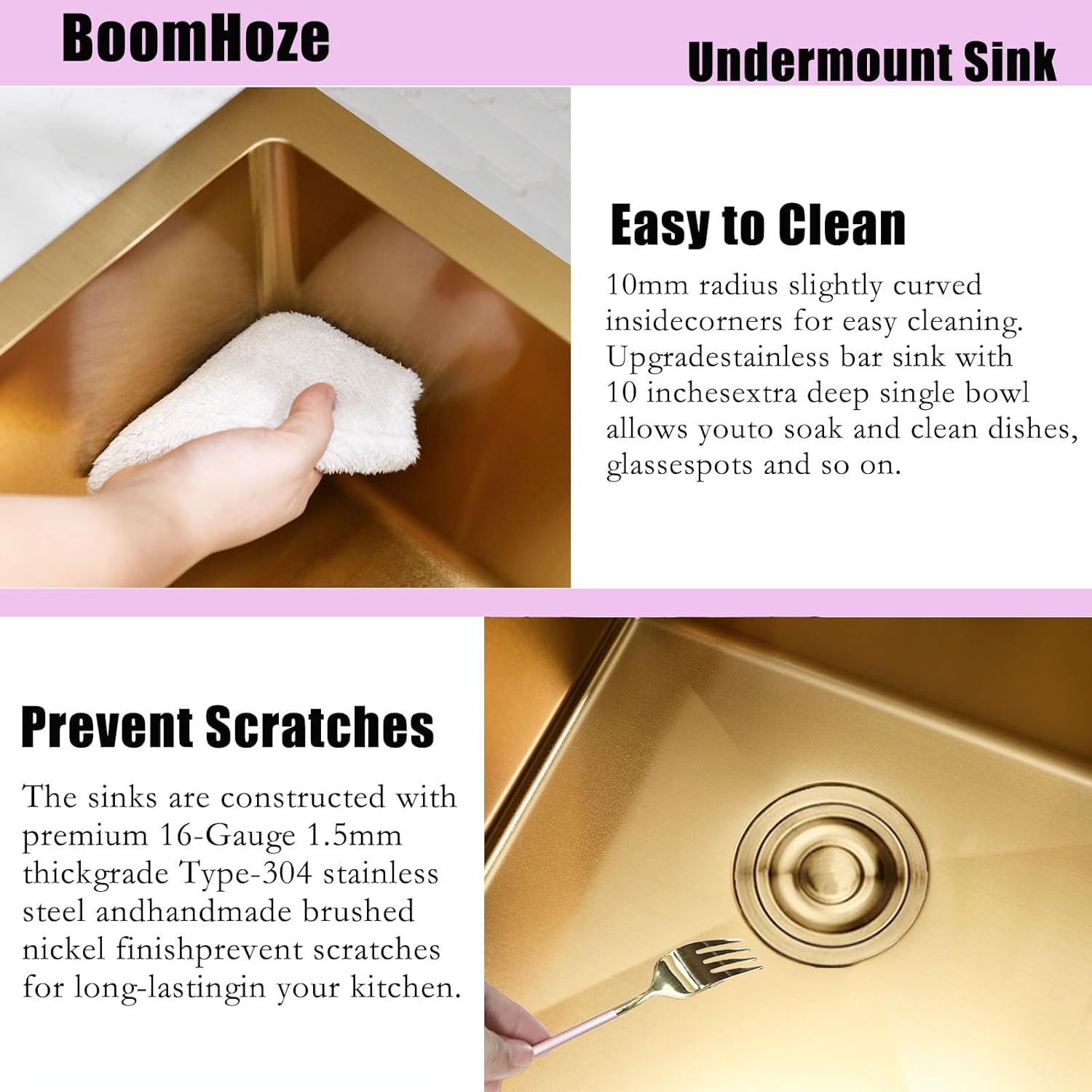 Boomhoze Lavello Cucina 45x45cm, Oro - immagine 4