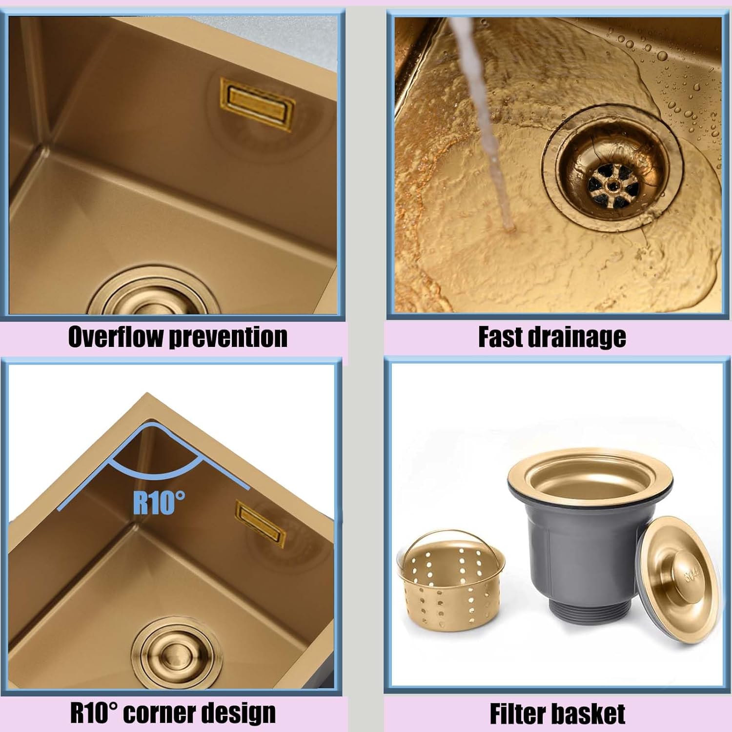 Boomhoze Lavello Cucina 45x45cm, Oro - immagine 6