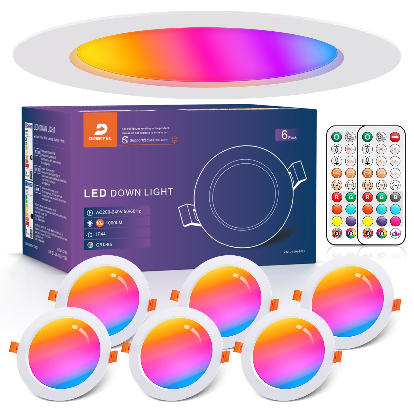 DUSKTEC Faretti LED da Incasso per Cartongesso RGB con Telecomando, 10w 6 Pezzi