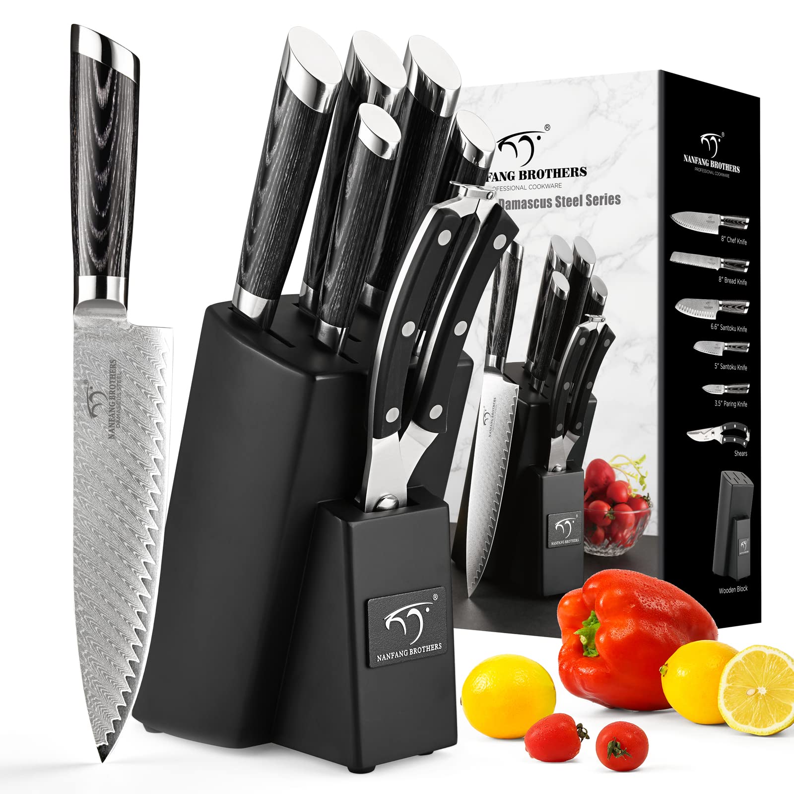Set di Coltelli da Cucina Damasco 7 Pezzi, Set di Coltelli da Cucina Professionale Giapponese VG10 Damasco con Blocco Coltelli in Faggio