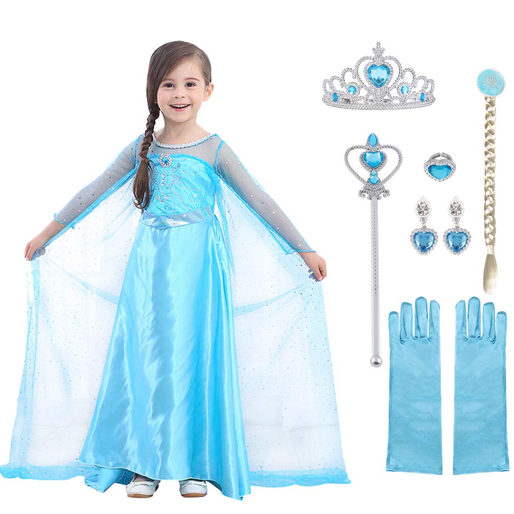 URAQT Vestito Principessa Bambina, Set da Principessa Corona Bacchetta Guanti Treccia, Carnevale Abito delle Ragazze di Natale Vestito Fantasia, Vestito Fiocco di Neve